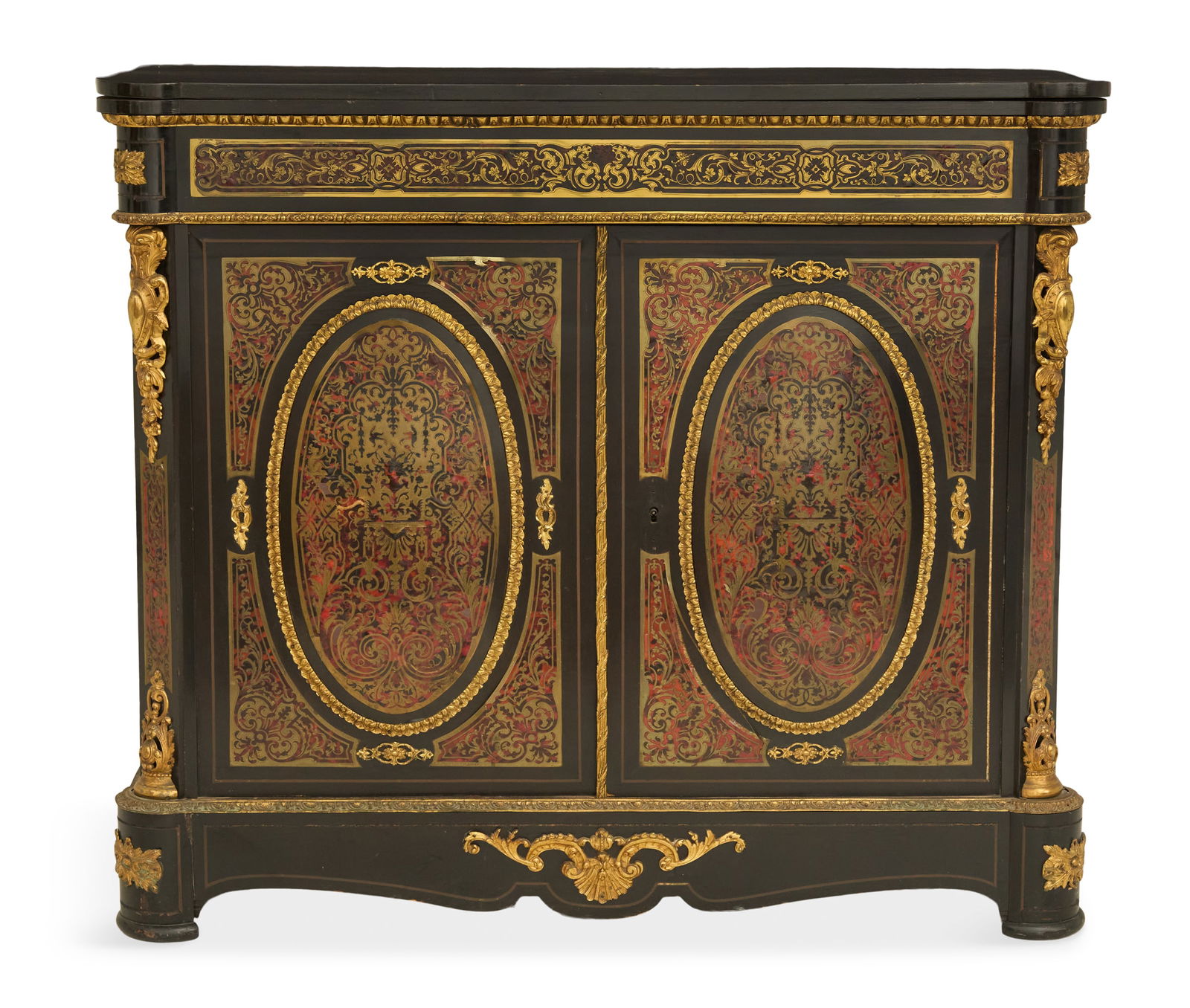 Napoleon III Boulle and Bronze-Mounted Cabinet: Napoleon III Boulle and Bronze-Mounted Cabinet fourth quarter 19th century, the top with a conforming faux-painted black slate, over a pierced and inset brass frieze, with a pair of oval paneled