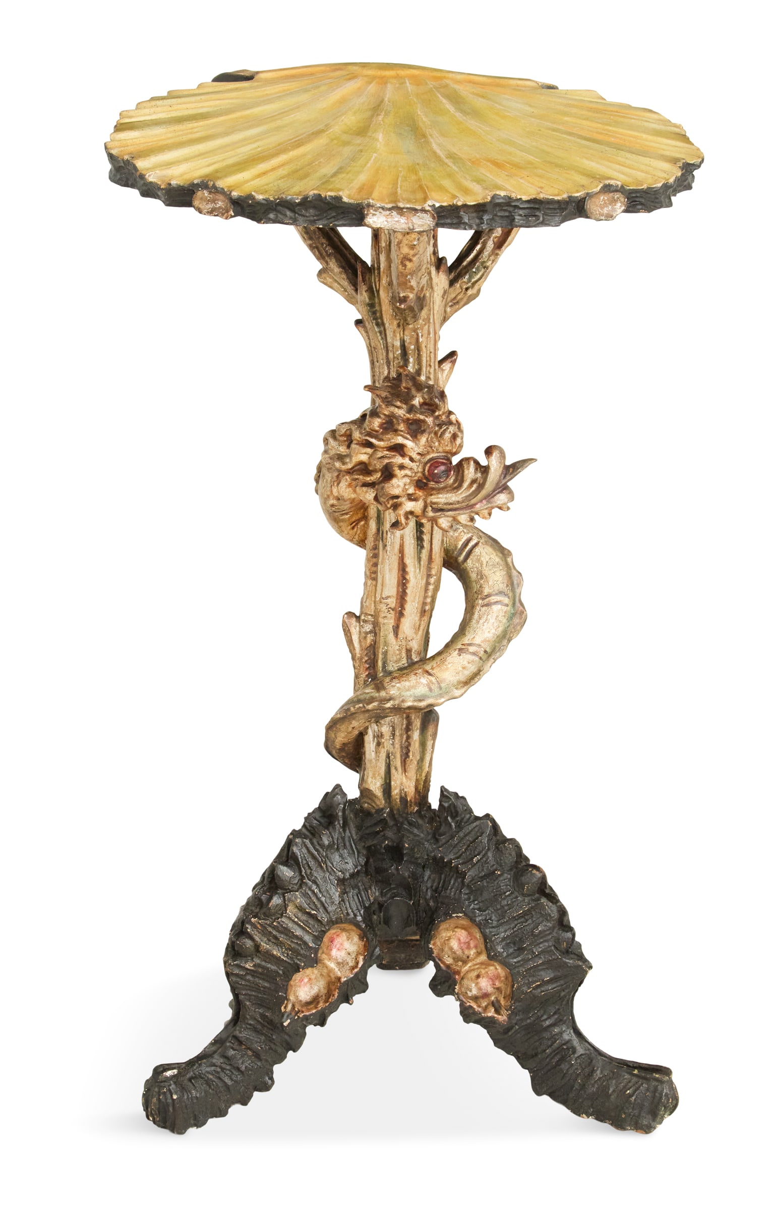 Italian Ebonized Grotto-Style Table: Italian Parcel-Gilt and Ebonized Grotto-Style Table late 19th century, the top in the form of a clam shell, mounted to a tree-form standard with a coiled dragon and supported by three shell-form
