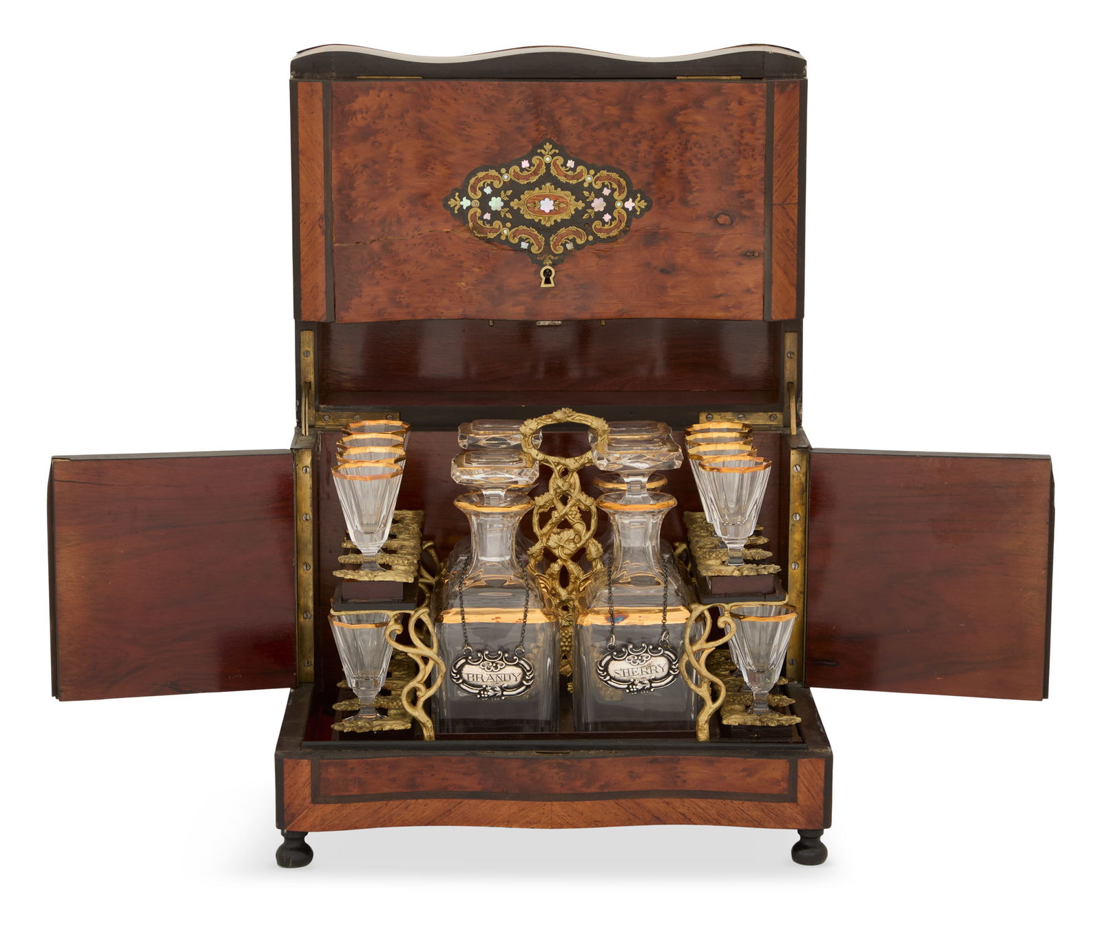 French Napoleon III Inlaid Cave a Liqueur: French Napoleon III Inlaid Cave a Liqueur third quarter 19th century, the cover and facade inlaid with brass, mother-of-pearl and ebony medallions, on a burr walnut ground, framed in crossbanding and
