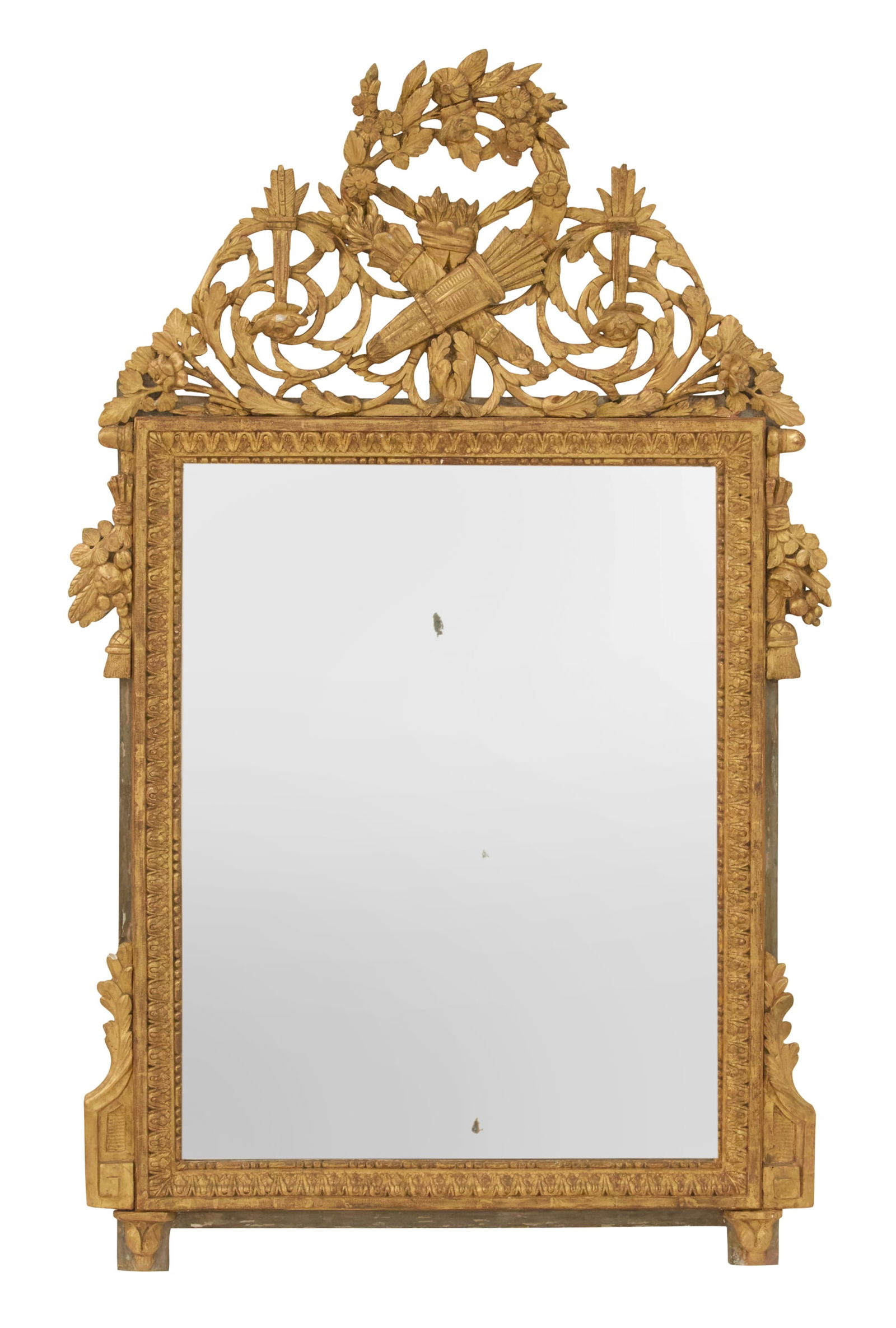 Louis XVI Giltwood Mirror: Louis XVI Giltwood Mirrorlate 18th century, the delicate pierced crest carved with crossed torch and quiver, framed with a wreath of flowers, set into a ground of acanthus-carved scrollwork and flower