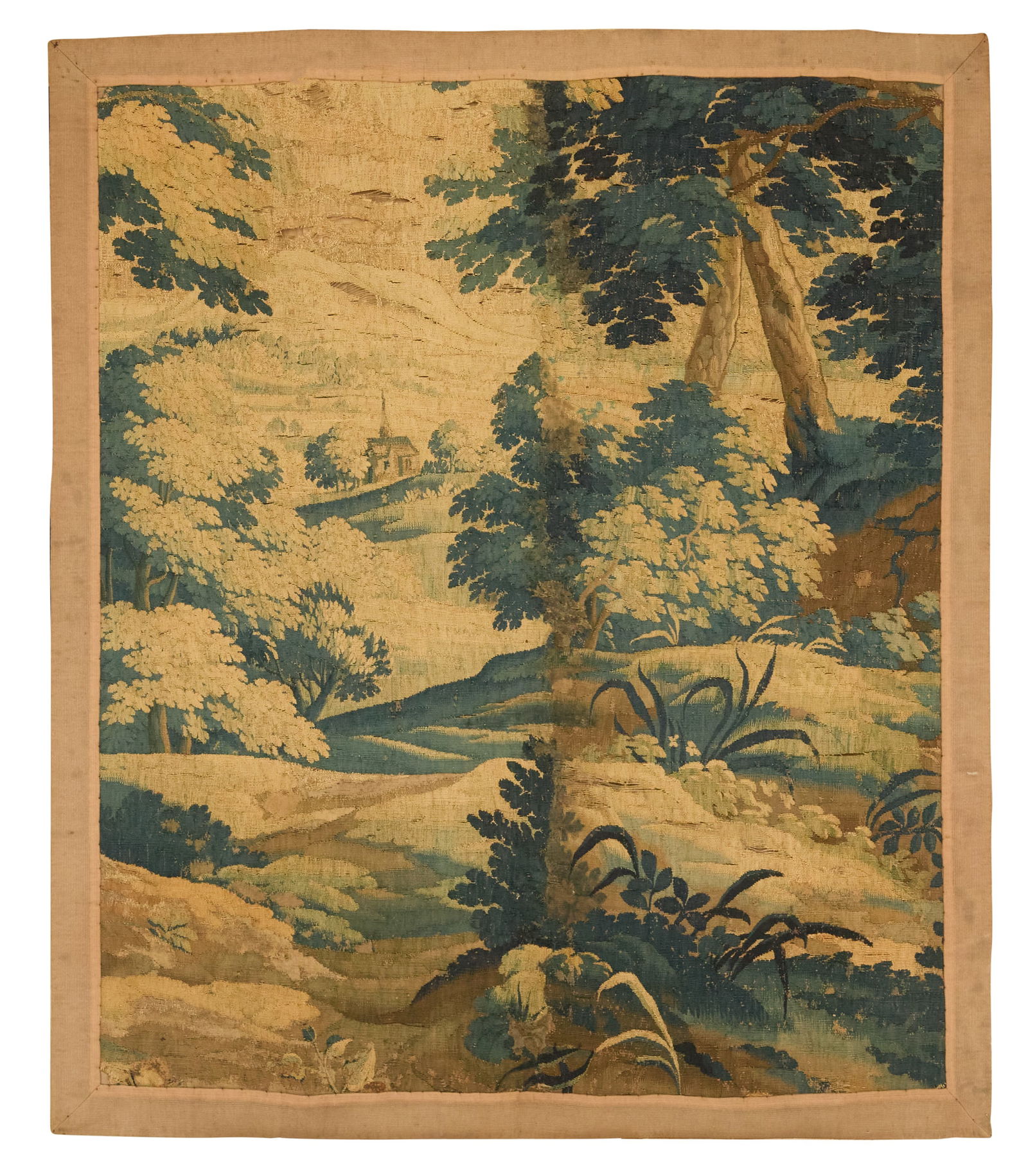 Flemish Needlepoint Tapestry: Flemish Needlepoint Tapestry17th/18th century, the verdure tapestry decorated with a rich landscape of trees and plants, a clearing in the background with a church in the distance.h. 58", w. 50" Prove