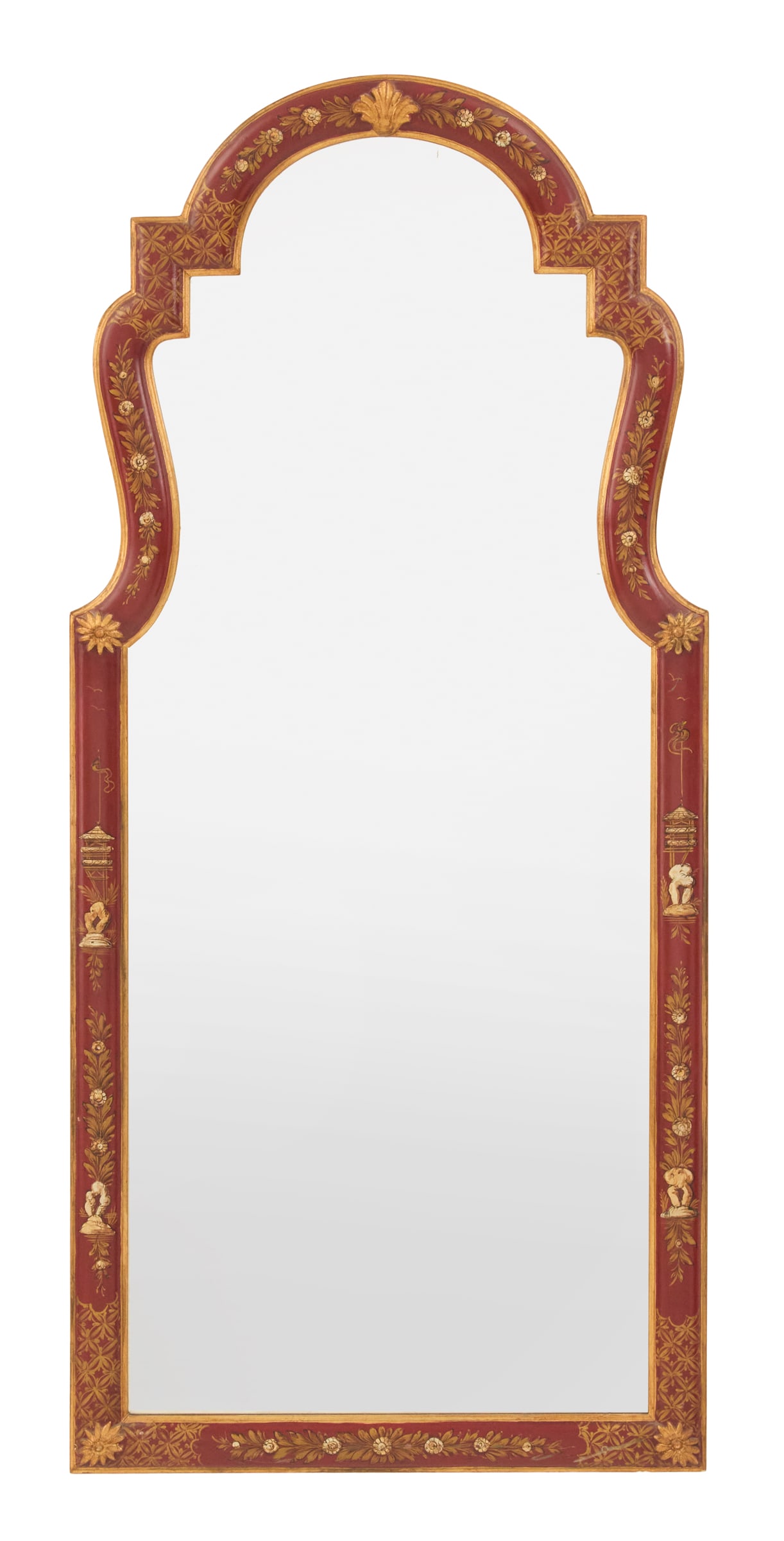 Japanned Mirror in the George II Taste: Japanned Mirror in the George II Taste20th century, with an arched crest over a surround decorated with raised pagodas and flowers, accented with trailing gilt leaves, on a red ground.h. 54-1/2", w. 2