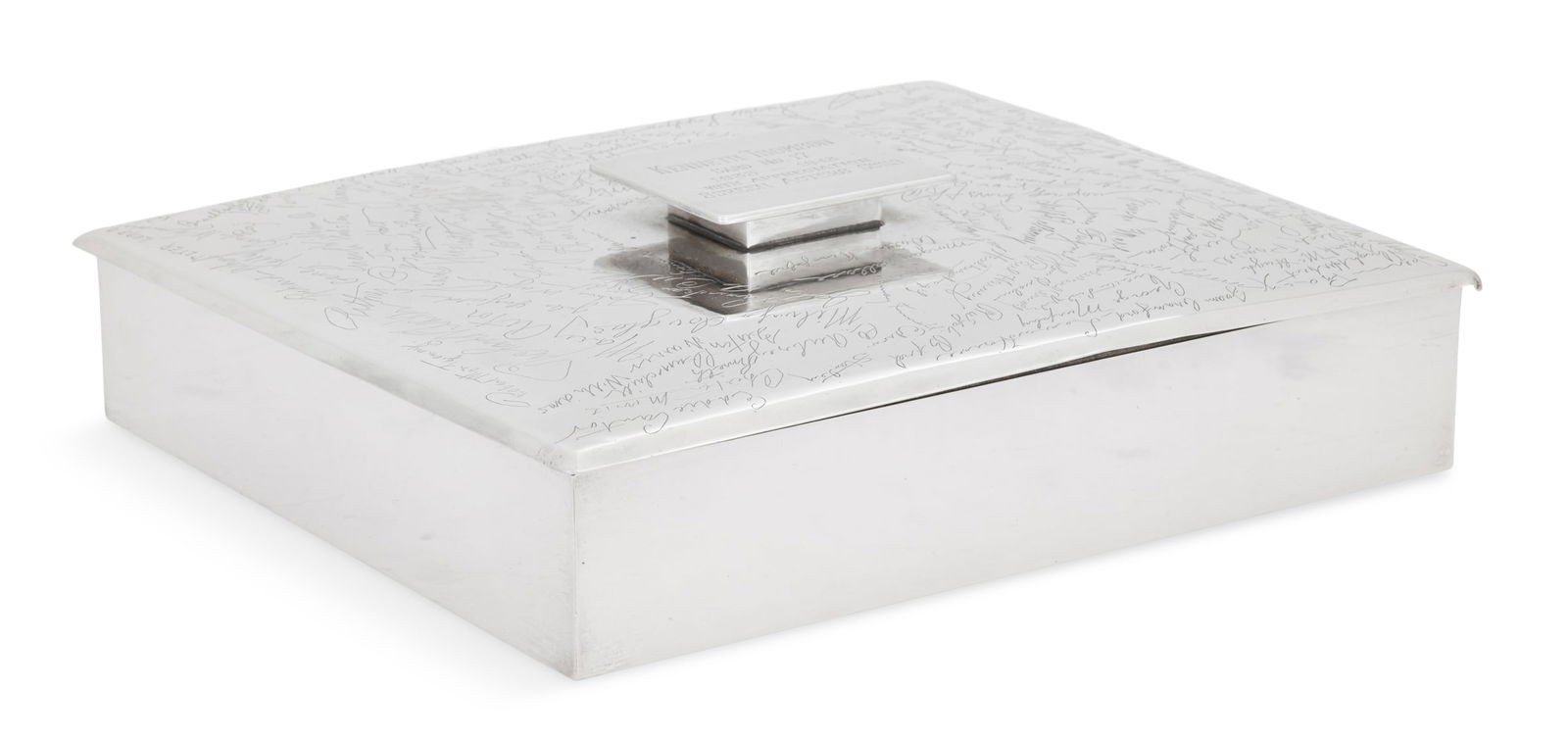 SAG Autographed Silverplate Presentation Box: Screen Actors Guild Autographed Silverplate Presentation Boxdated 1943, rectangular with cedar-lined interior, the lid engraved with 93 autographs of Guild members, the rectangular handle with engrave