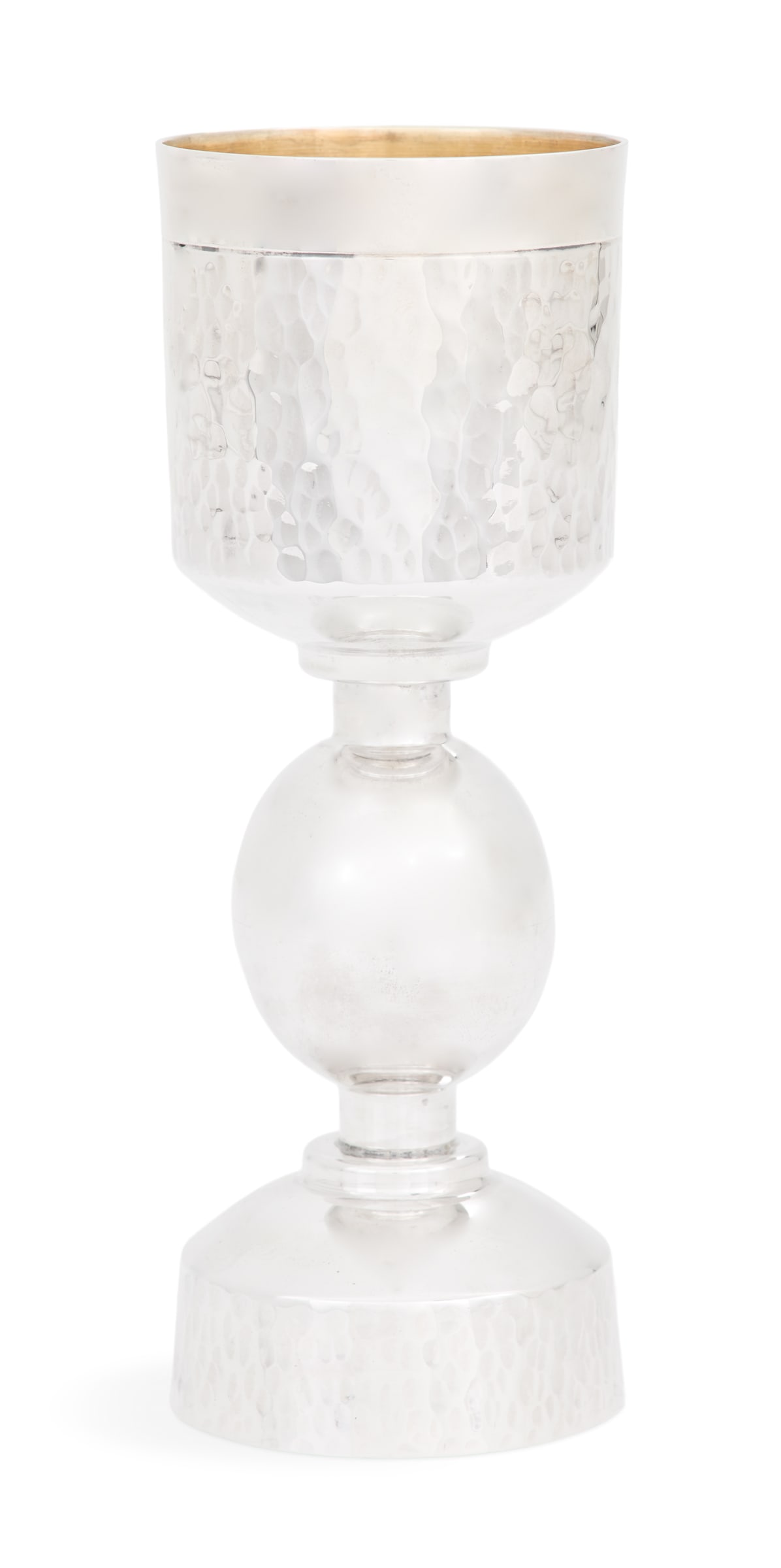 Modernist Sterling Silver Kiddush Cup: Modernist Sterling Silver Kiddush Cupcontemporary, by Bier Judaica, Jerusalem, with ovoid standard and cylindrical cup and foot with hammered finish, the interior gilt.h. 7-1/4", dia. 2-3/4"; 7.19 t.