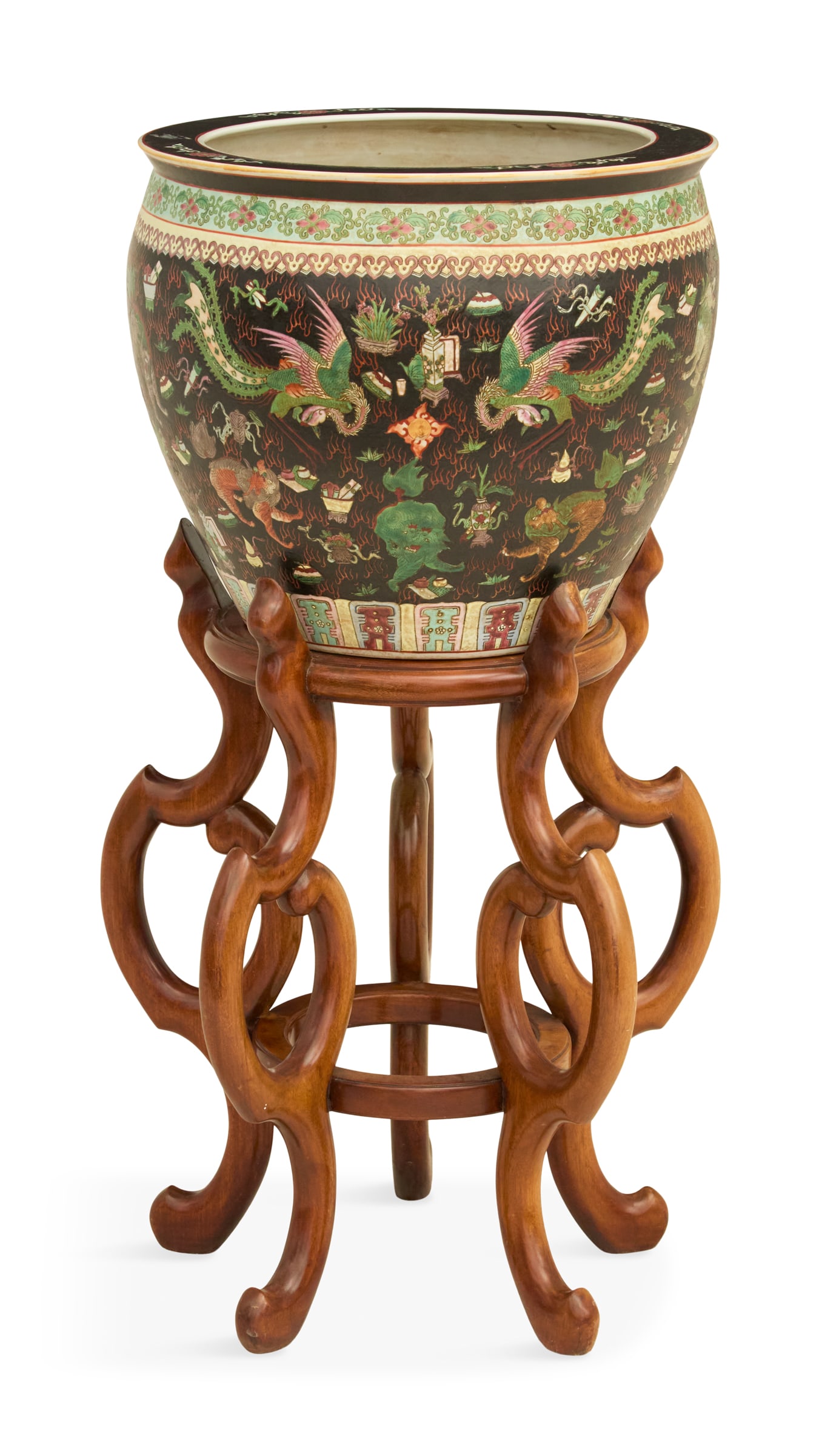 Chinese Export Famille Noir Fish Bowl on Stand: Chinese Export Famille Noir Fish Bowl on Stand 20th century, decorated with phoenix birds and various creatures on a black ground, the interior decorated with goldfish, raised on a tall carved and