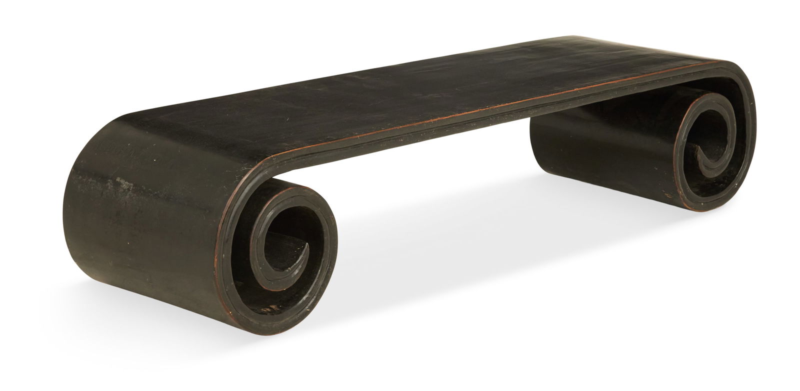 Chinese Ebonized Hardwood Scrolled Bench: Chinese Ebonized Hardwood Scrolled Benchearly 20th century, the seat board terminating into a rolled spiral at each end, forming the supports.h. 16", w. 77-1/2", d. 19-1/2"