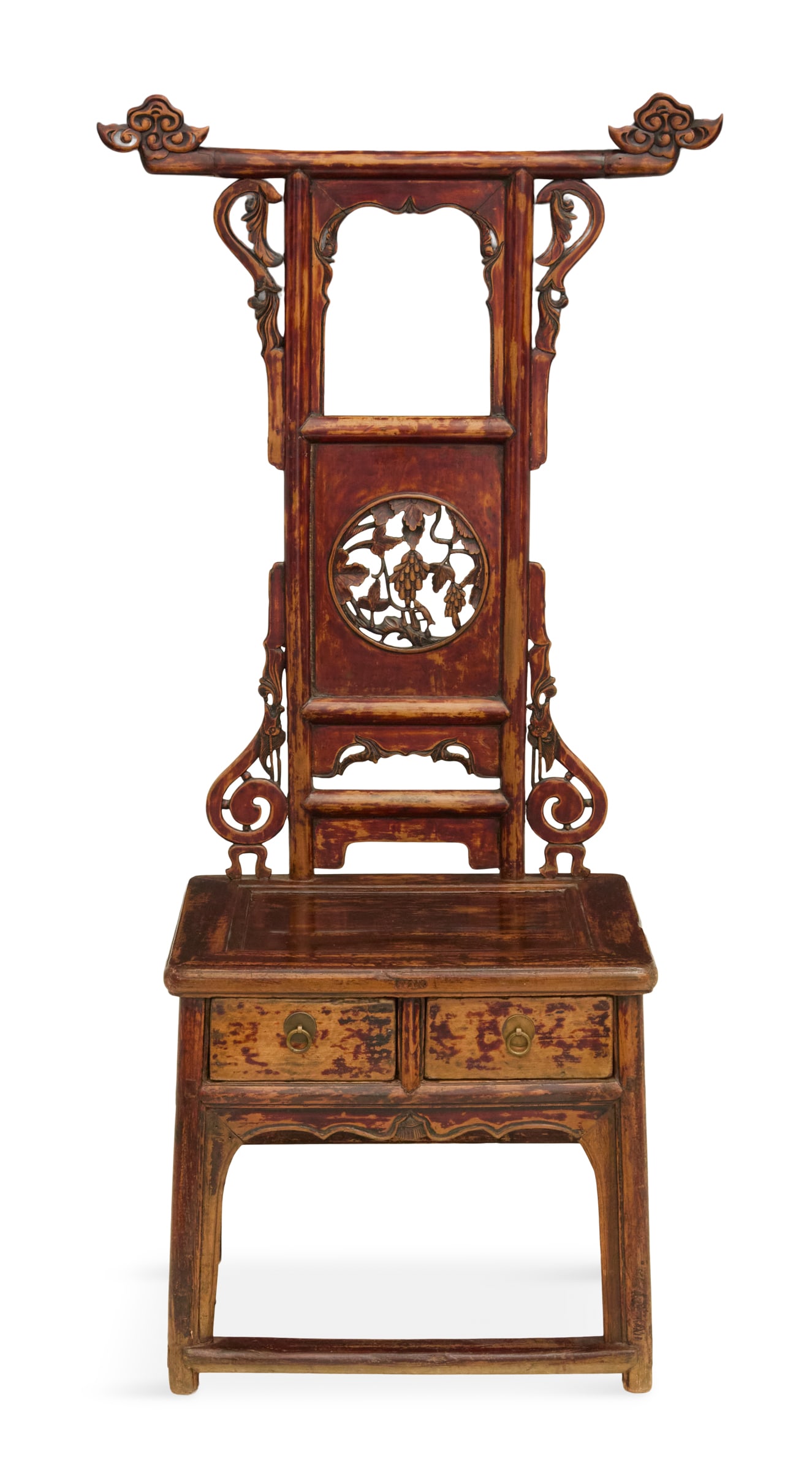 Chinese Carved and Painted Elmwood Chair: Chinese Carved and Painted Elmwood Chair 19th century, of unusual form, with a tall pierced and carved back and a central medallion with a grape cluster, the framed and paneled seat over a pair of