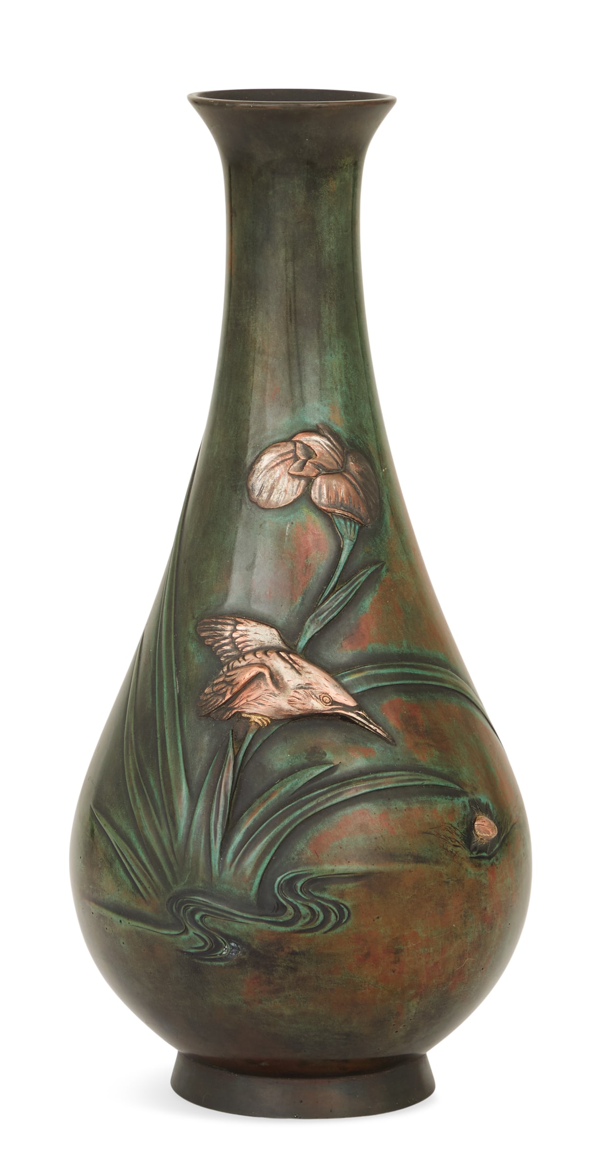 Hori Joshin (Japanese, 1907-1993) Metal Vase: Japanese Mixed Metal Vase by Hori Joshin (Japanese, 1907-1993)decorated with a flower, a kingfisher and a bug, the flower with a molded stem, signed "Made by Joshin".h. 14", dia. 5-1/4"