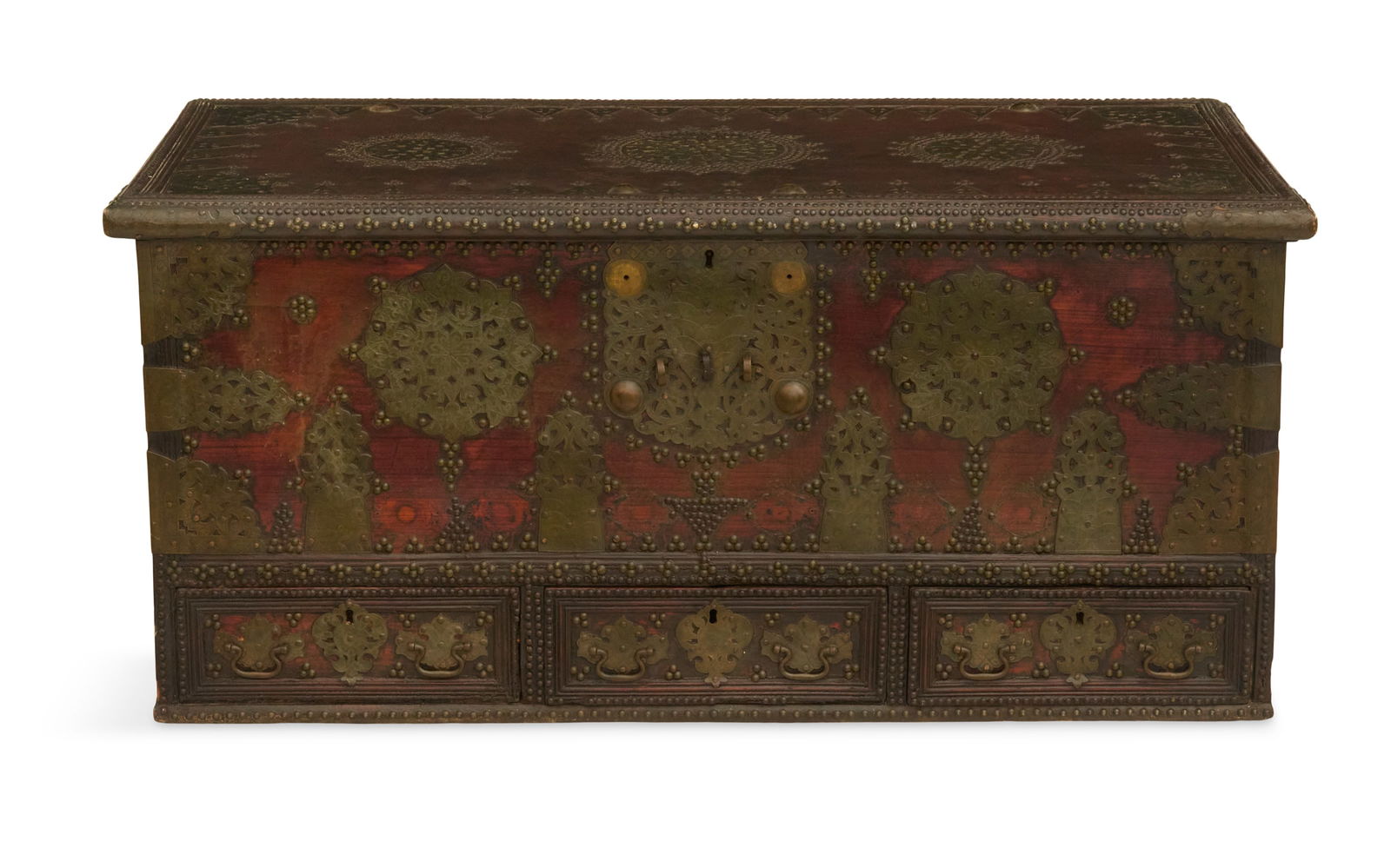 Early Anglo-Indian Hardwood Trunk: Early Anglo-Indian Hardwood Trunk 18th century, richly adorned with pierced and engraved brass strapwork and studs, the ends with bail handles and three side-by-side drawers along the base. h. 24",