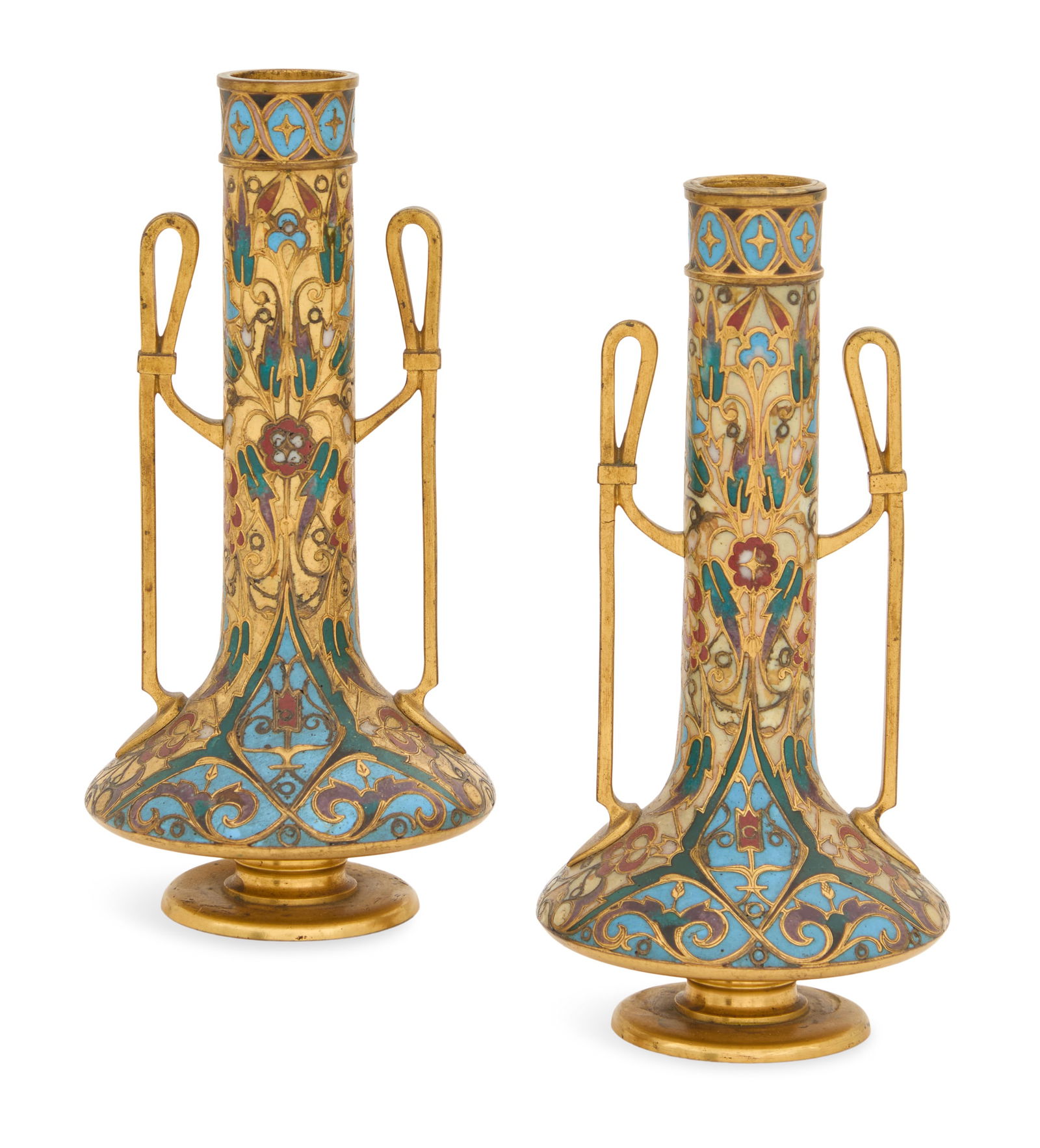 Pair of Barbedienne Champleve Enamel Bottle Vases (1 of 4)