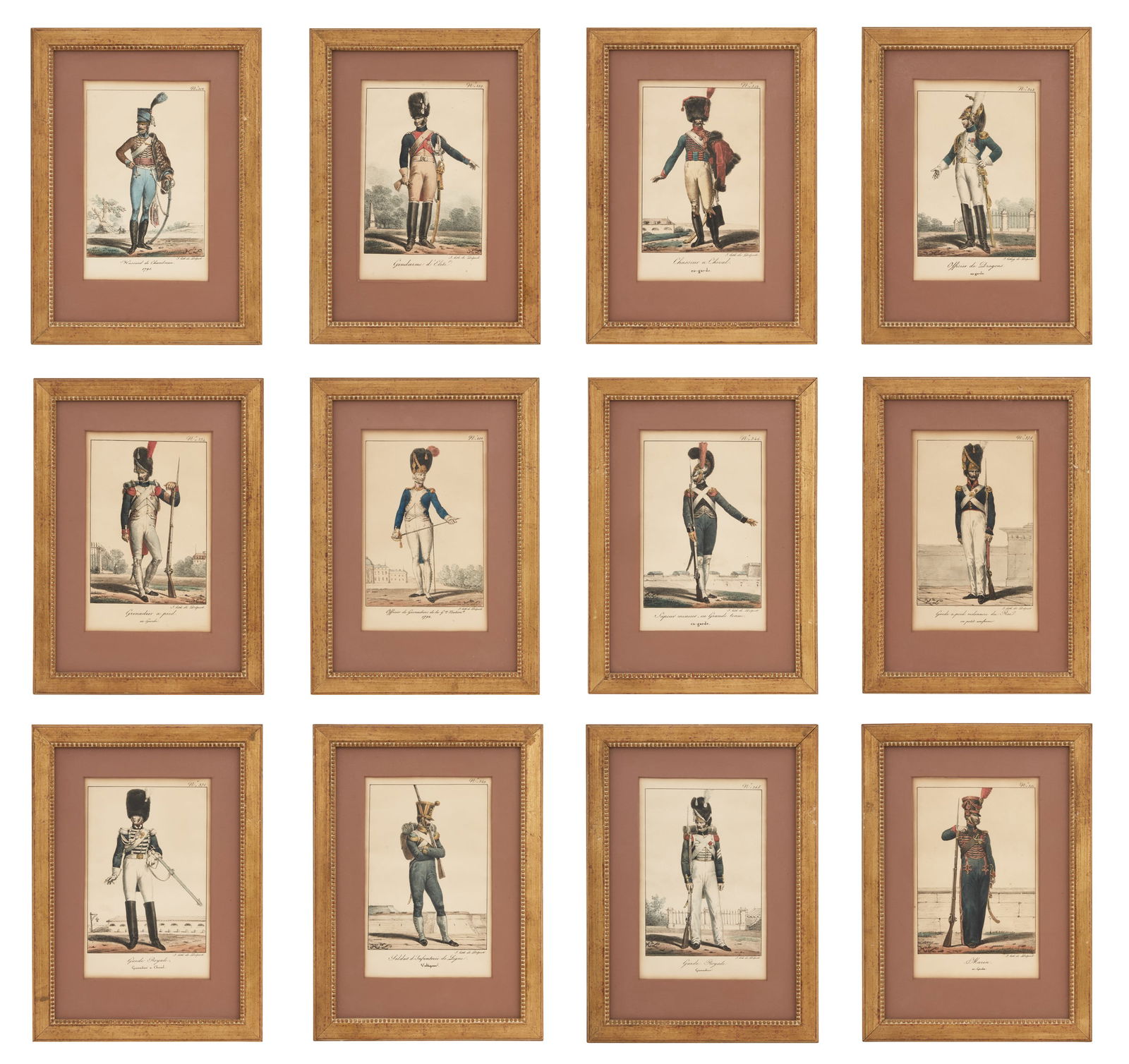 12 Hand-Colored Lithographs of French Soldiers: Twelve Hand-Colored Lithographs of French Soldiers early 19th century, after images from 1795 by Hippolyte Lecomte (1781-1857), signed by lithographer Francois-Seraphin Delpech (1778-1825), in