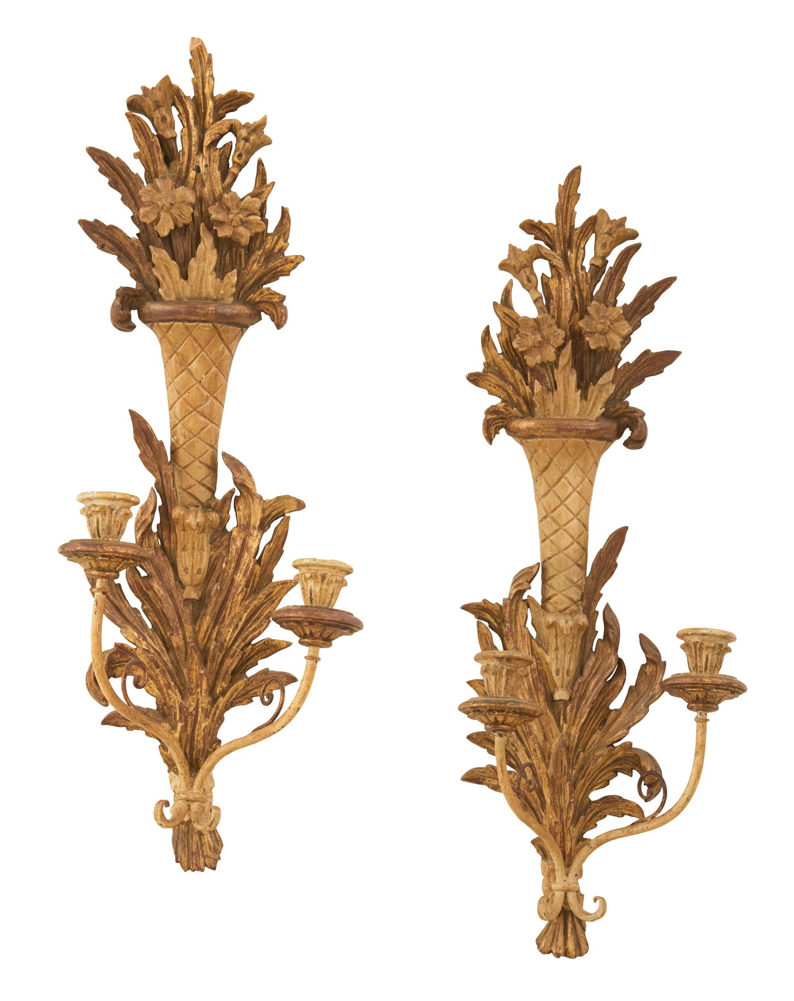Pair of Italian Parcel-Gilt Wooden Sconces: Pair of Italian Parcel-Gilt and Painted Wooden Sconces mid-20th century, the backplates in the form of cornucopias of flowers, nestled into carved leaves, set with scrolled candle arms terminating in