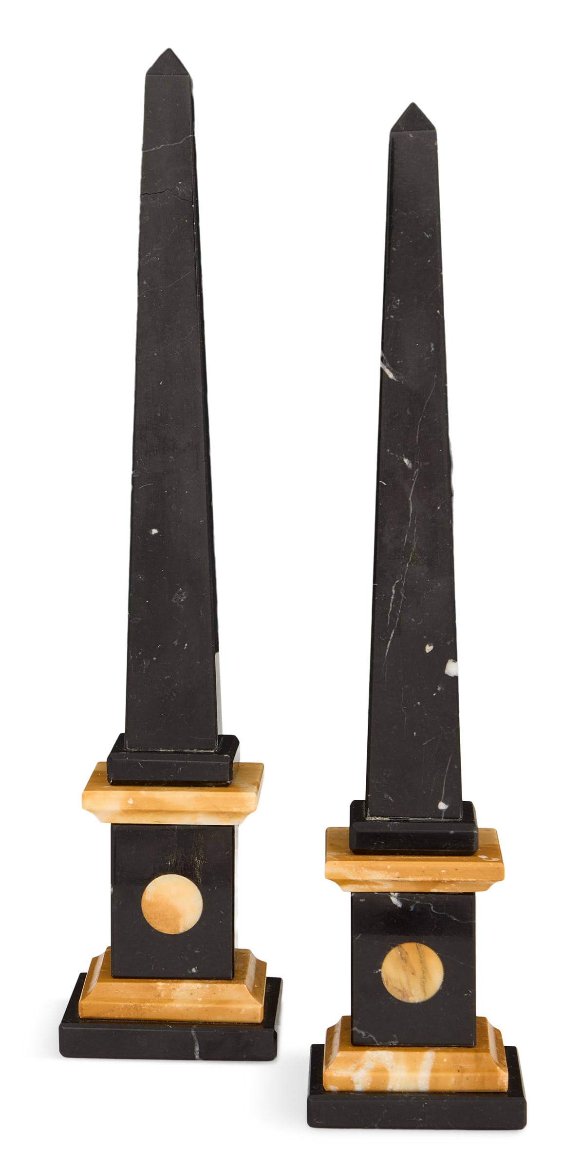 Pair of Marble Obelisks: Pair of Marble Obelisks 20th century, in the neoclassical taste, the black marble obelisks with Siena marble trim and circular medallions inlaid into the bases. h. 13-1/2", w. 2-1/2", d. 2-1/2" 