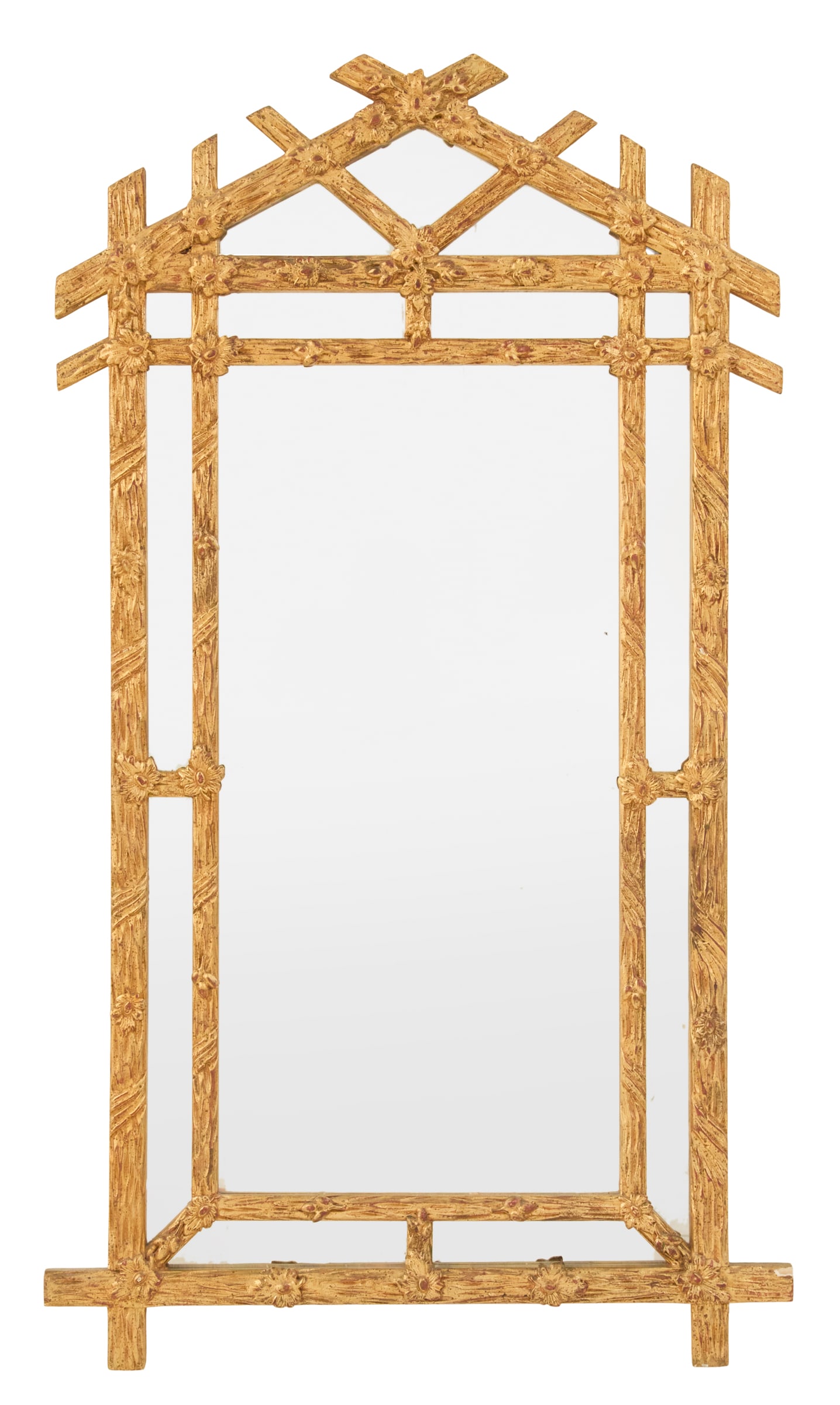 Giltwood Mirror in the Rustic Taste: Giltwood Mirror in the Rustic Taste 20th century, the frame with a pedimented crest and the sides molded in the "rustic" pattern with carved faux limbs, accented with carved flower heads. h. 55-1/4",