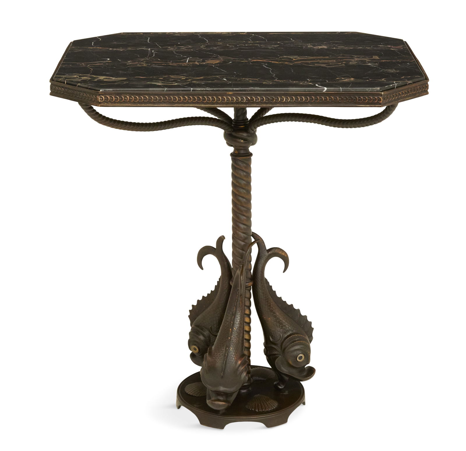 Patinated Bronze and Marble-Top Side Table: Patinated Bronze and Marble-Top Side Table 20th century, possibly by Oscar Bach, the rectangular Portoro marble top set into a conforming frame with canted corners, supported by a spiral standard to