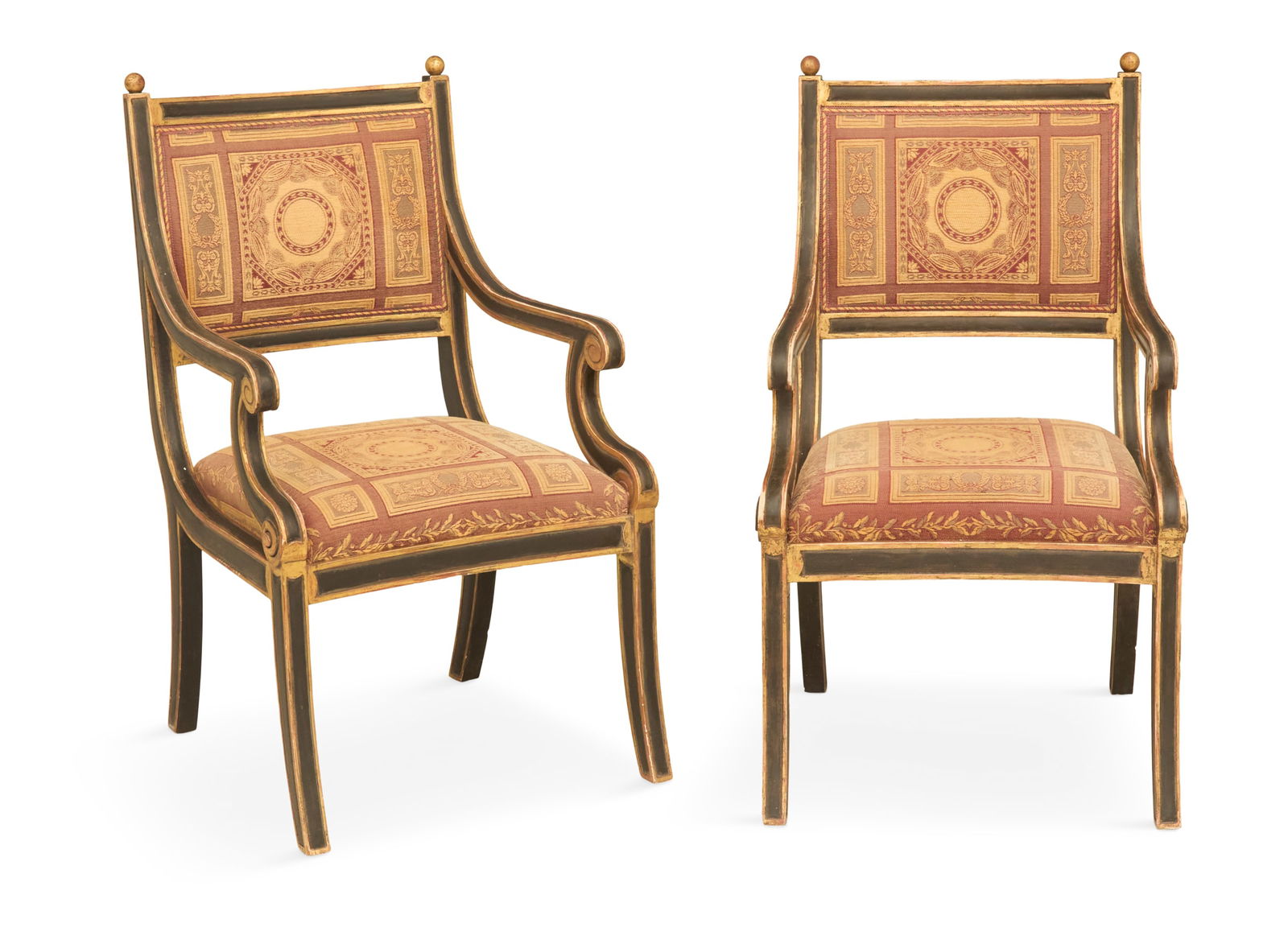 Pair of Regency-Style Ebonized Armchairs: Pair of Regency-Style Ebonized and Parcel-Gilt Armchairs 20th century, each with a padded back and seat, gilt ball finials, scrolled arms and out-curved legs, labeled "Formations, Los Angeles,