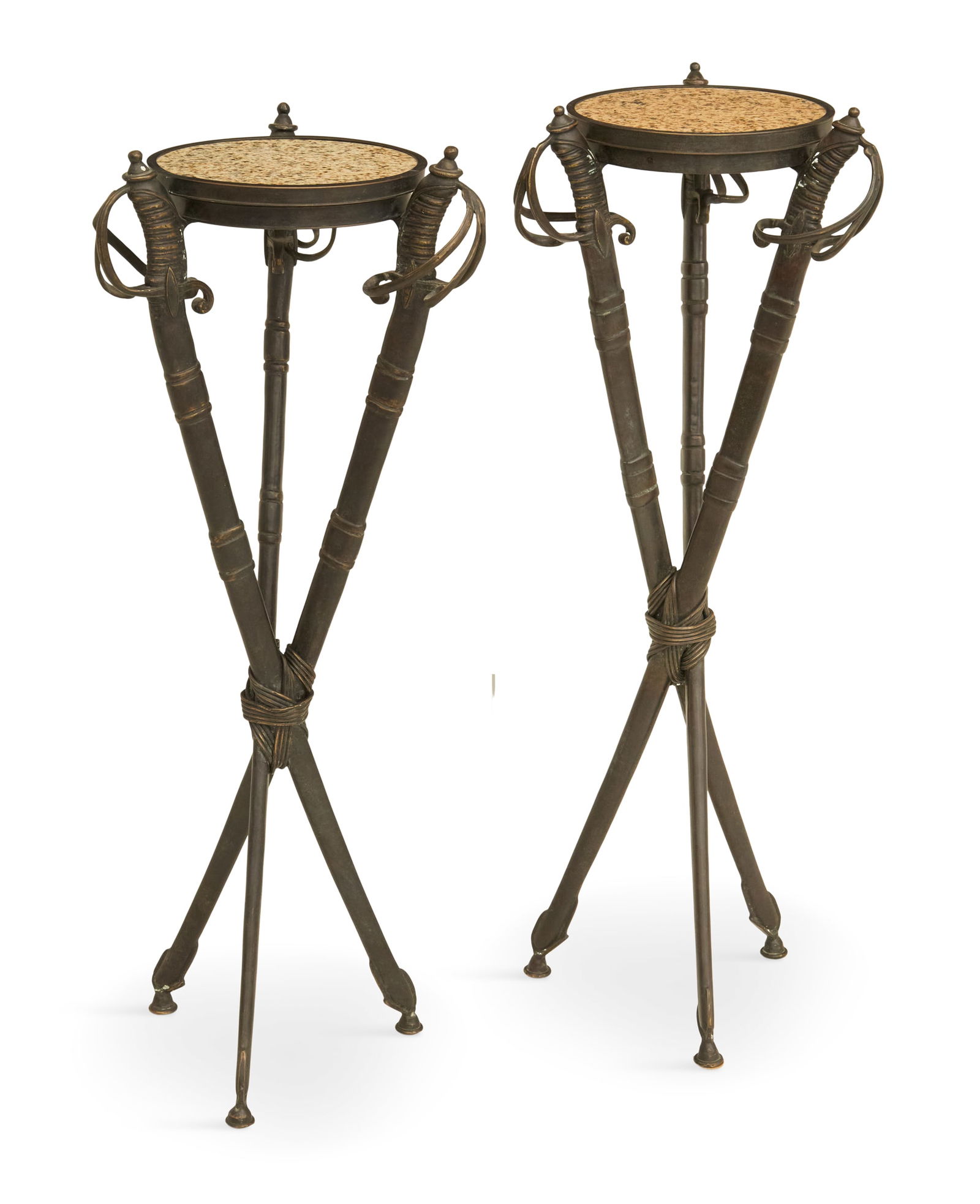 Pair of Bronze and Marble-Top Sword Stands: Pair of Bronze and Marble-Top Sword Stands20th century, each with a circular inset marble top mounted to three sword-form legs, crossed and bound together with bronze straps.h. 36-1/2", dia. 10" Prove