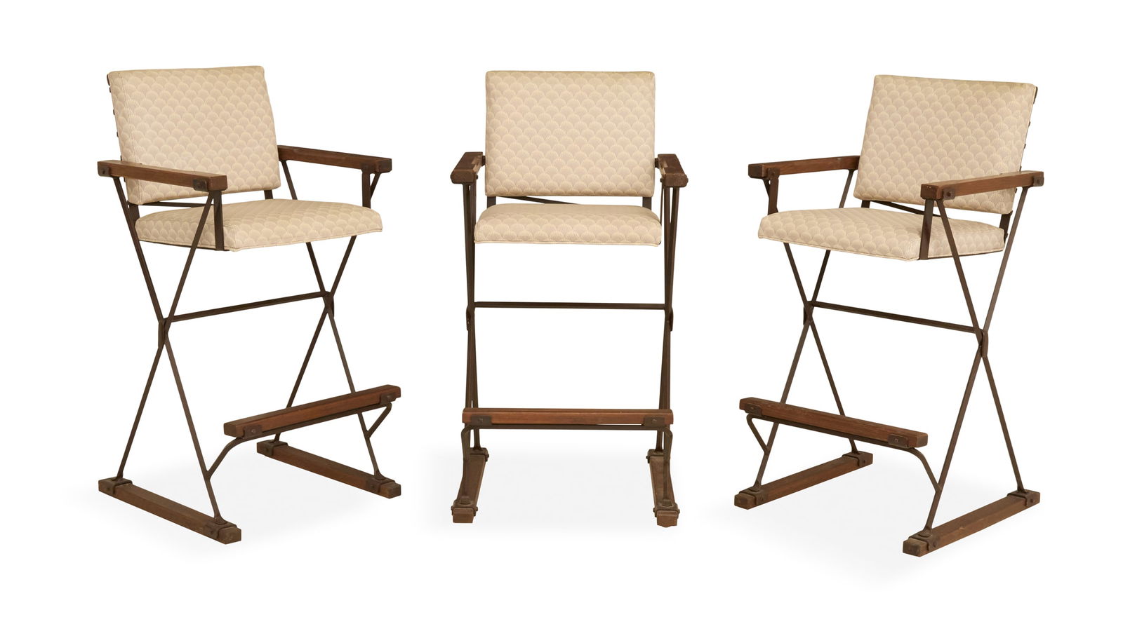 Three Cleo Baldon for Terra Furniture Bar Stools: Three Cleo Baldon for Terra Furniture Bar Stoolsca. 1960s, composed of iron and stained wood, the upholstered backs and seats mounted with stained arms on X-form metal sides, resting on trestle-form b
