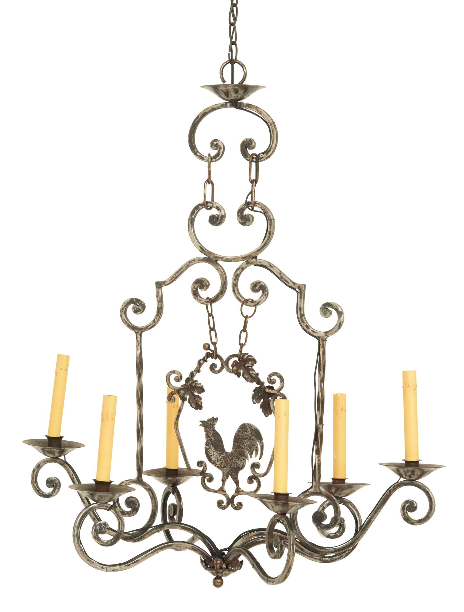 Wrought-Iron Chandelier in the Provincial Taste: Wrought-Iron Chandelier in the Provincial Taste20th century, the center of the scrolled frame set with a flat cockerel surrounded by grapevines, set with six scrolled candle arms with circular drip pa