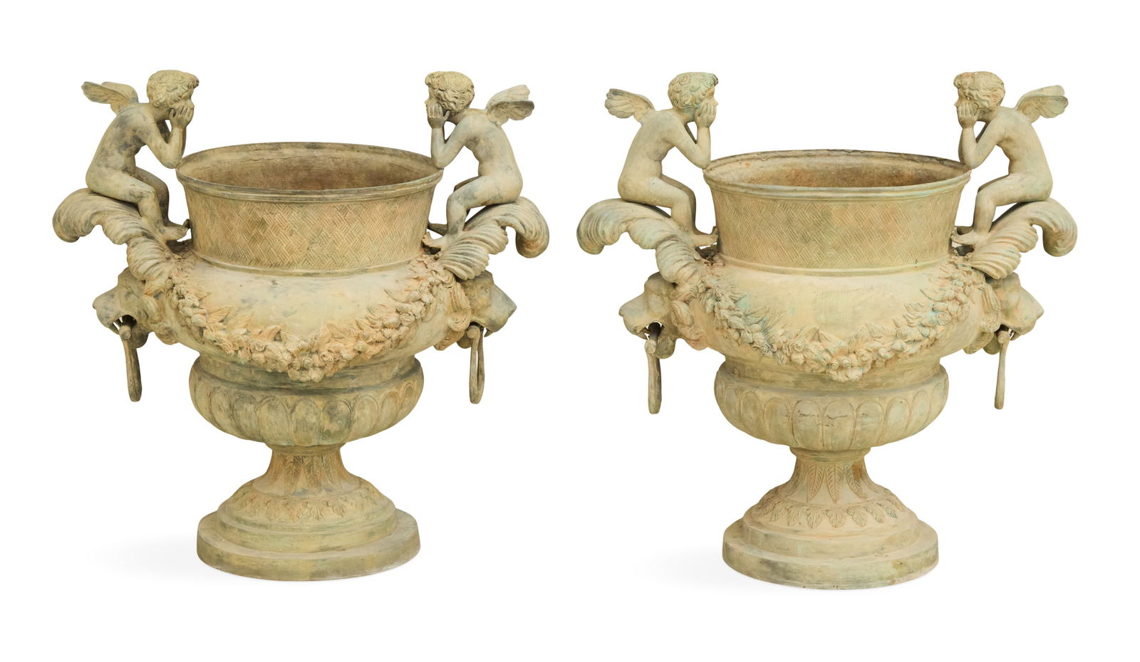 Pair of Bronze Garden Urns in the Rococo Taste: Pair of Bronze Garden Urns in the Rococo Taste20th century, after the originals designed by Duval for the Gardens of Versailles, the basket weave necks above inverted pear-form bodies hung with swags