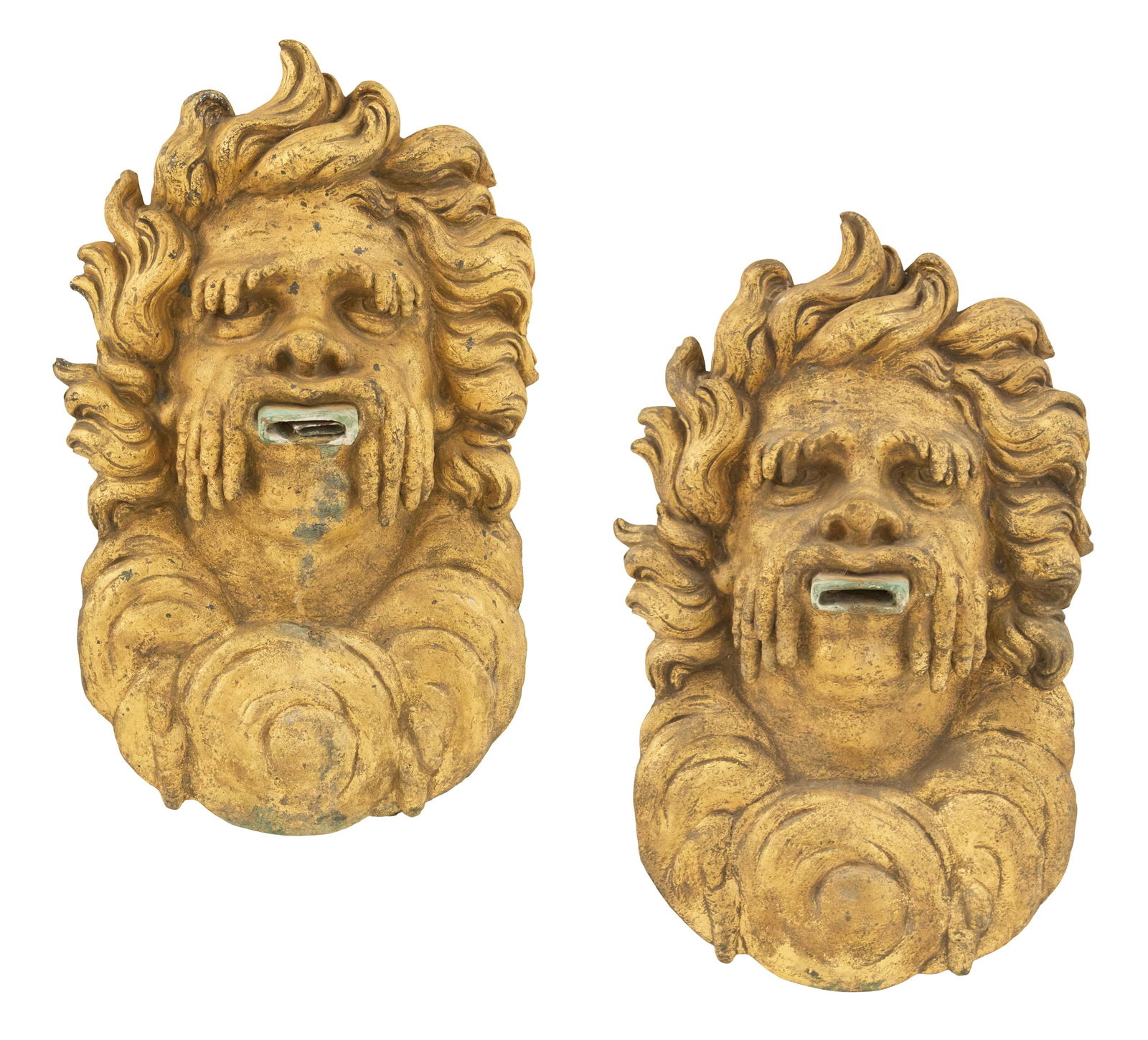 Pair of French Gilt-Bronze Fountainheads: Pair of French Gilt-Bronze Fountainheads 19th century, the grotesque masques piped for water, after the fountainheads at the "Buffet d'Eau", at the Grand Trianon in Versailles. h. 22", w. 12"
