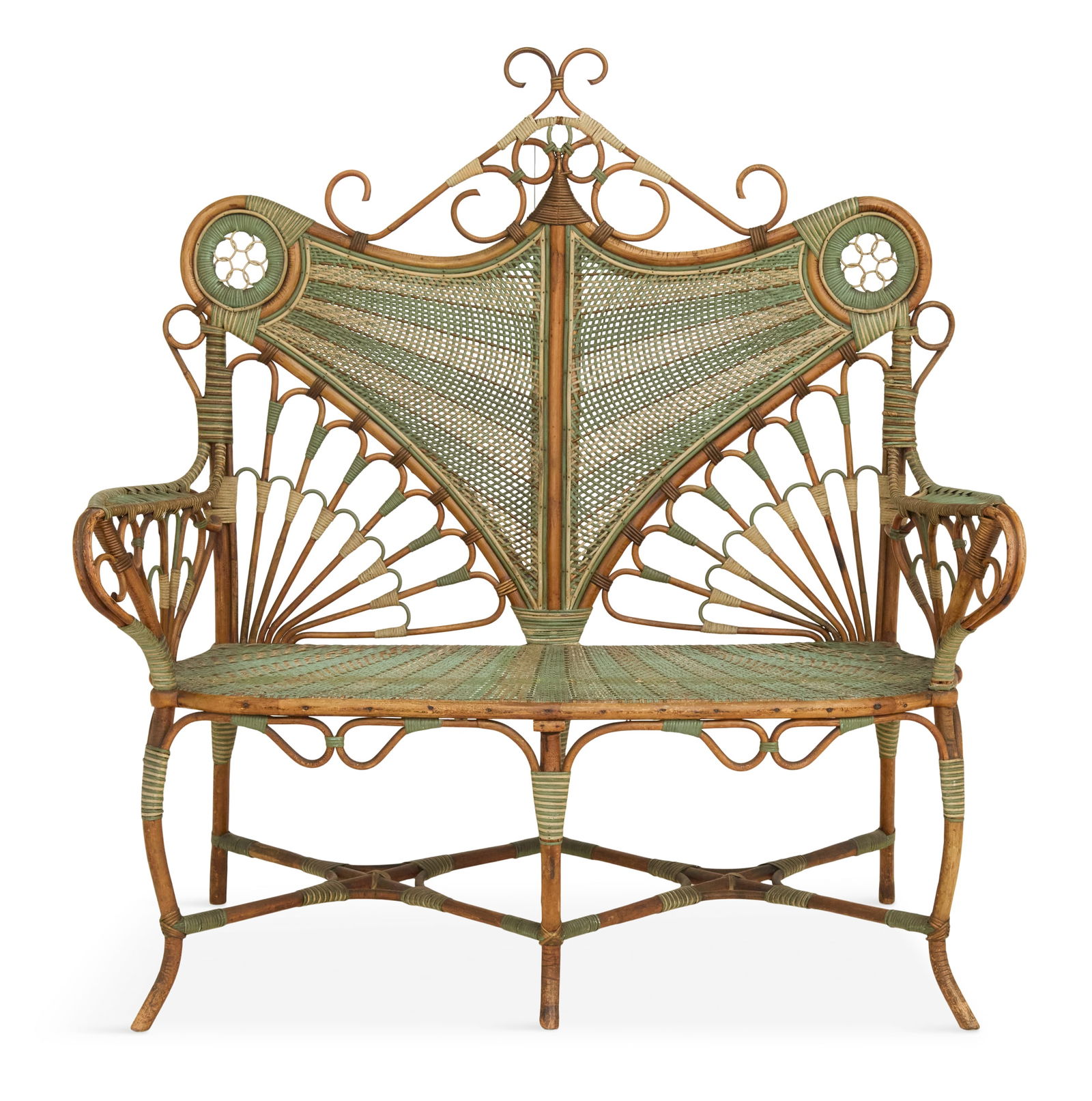 French Art Nouveau Bentwood and Wicker Settee: French Art Nouveau Bentwood and Wicker Setteeca. 1900, attributed to Clement Gelly & Cie, Fabricantes, 57 Rue Pierre Corneille, Lyon, of whimsical form with multicolored caning, raised on bentwood leg