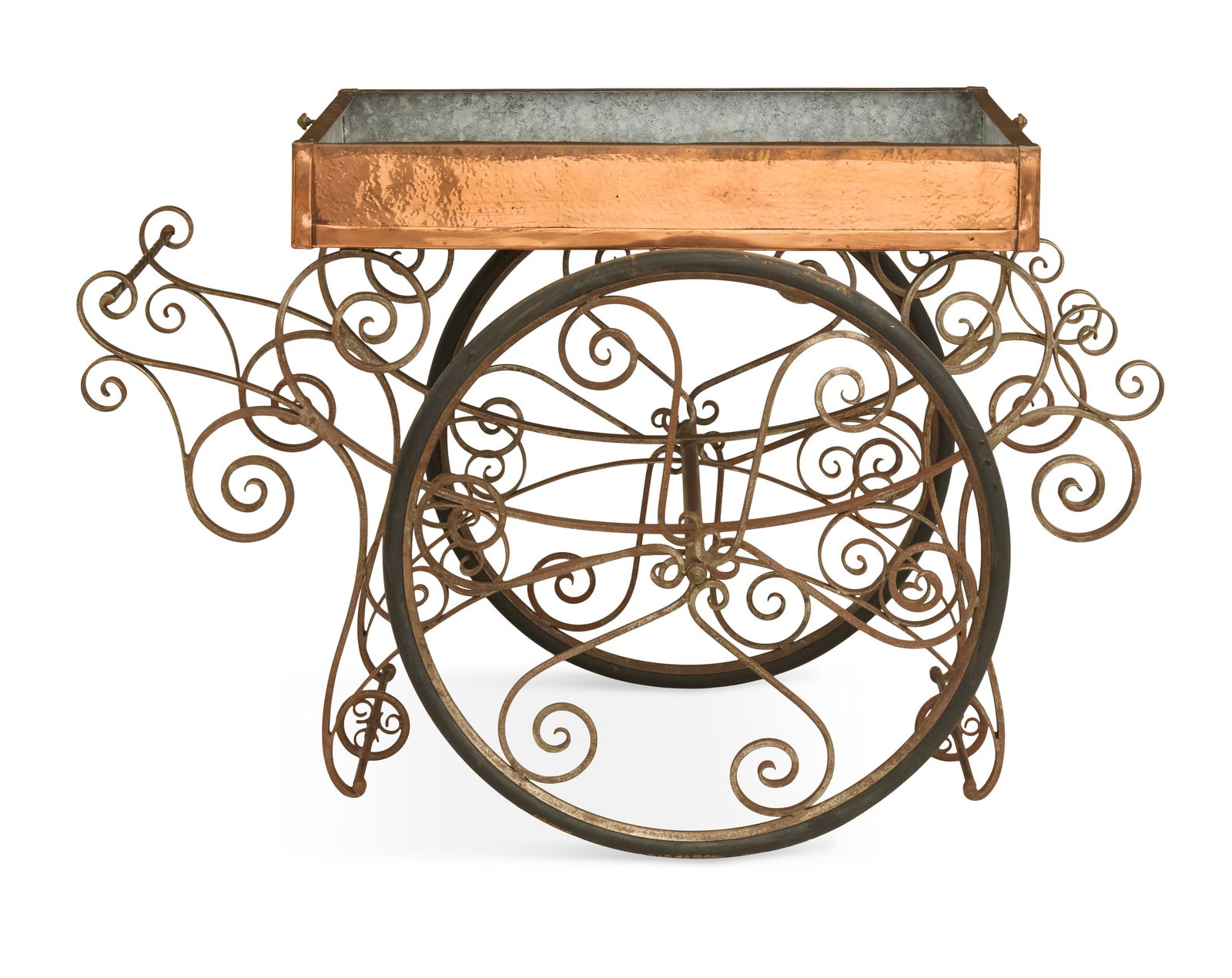 French Wrought-Iron and Copper Flower Cart: French Wrought-Iron and Copper Flower Cartearly 20th century, the ornate cart with a zinc-lined tray top, with a hammered copper exterior, mounted to a scrolled iron base with two large wheels, one en