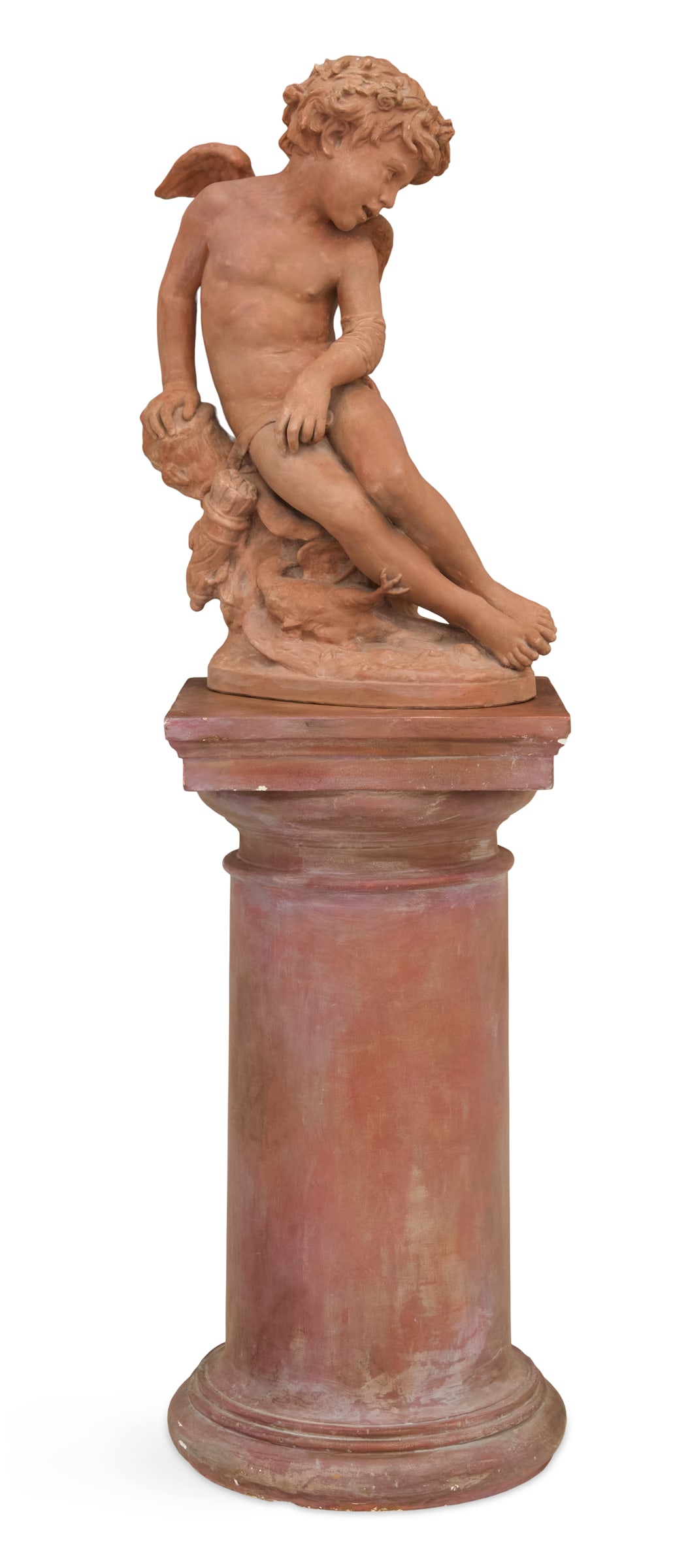 French Terracotta of "L'Amour Blesse": French Terracotta of "L'Amour Blesse (The Wounded Cupid)"after the 1874 marble by Jean-Baptiste Carpeaux (French, 1827-1875), signed in script along proper left side of self-base, now on a Tuscan colu