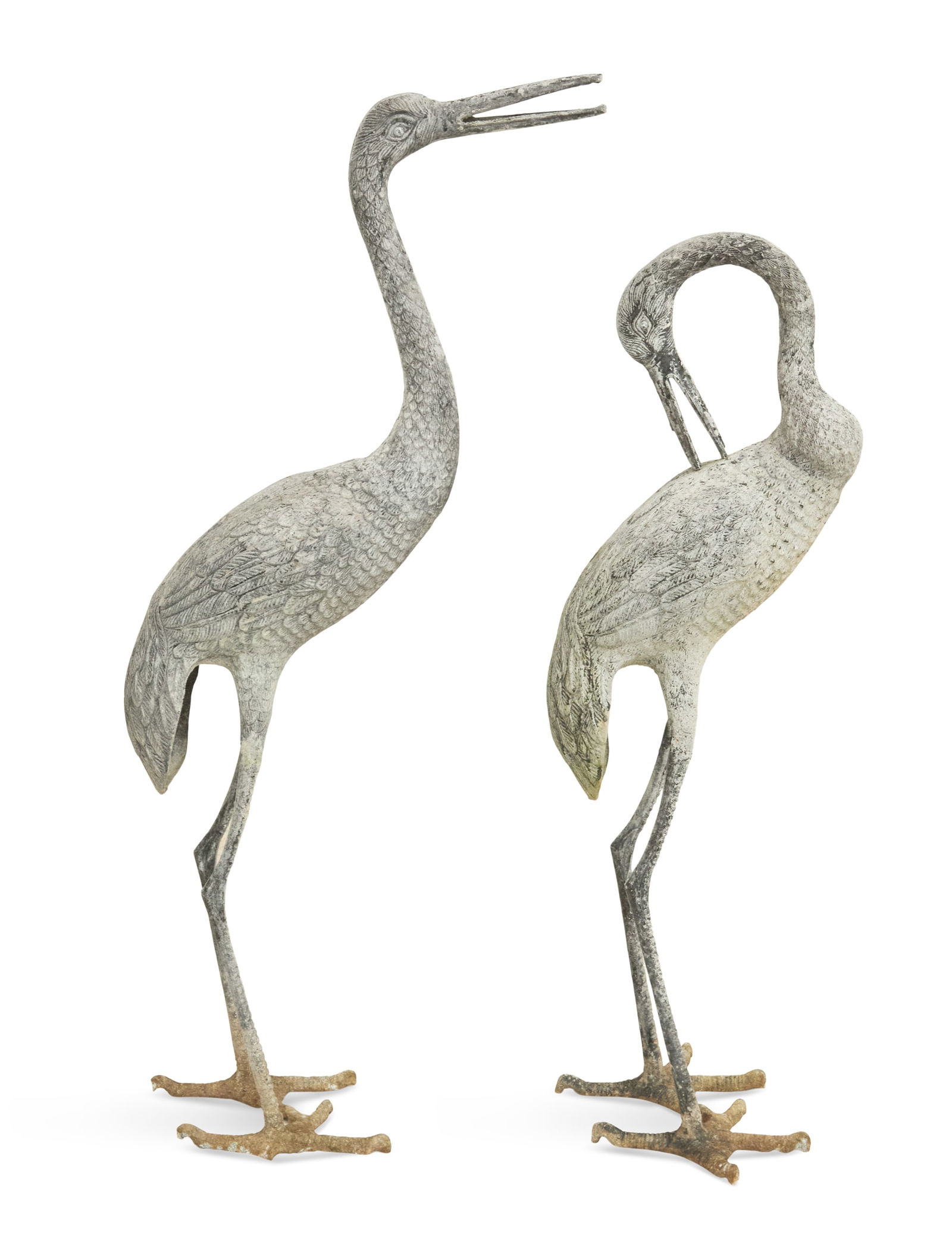 Pair of Patinated Metal Egrets: Pair of Patinated Metal Egrets 20th century, of Japanese inspiration, one with its head up and the other with its head down. h. 34" to 39", w. 17" to 21", d. 7-1/2" to 13"