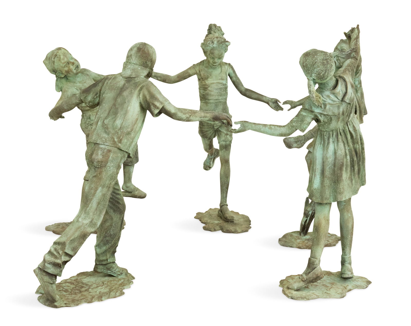 Bronze Figural Grouping of Children at Play: Bronze Figural Grouping of Children at Play20th century, five sculptures including two boys and three girls with their arms spread apart, playing and jumping.h. 46" to 51", w. 35" to 41", d. 17" to 40