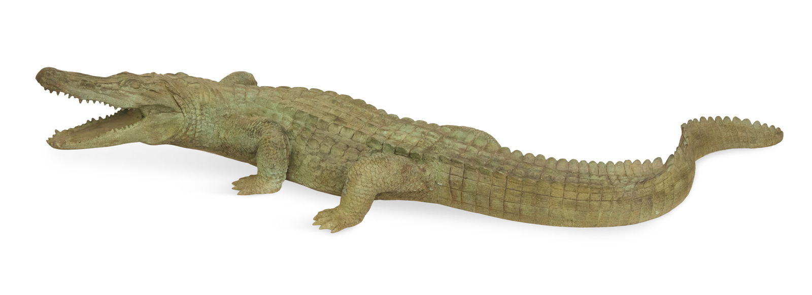 Large Bronze Alligator: Large Bronze Alligator20th century, realistically modeled, its mouth open and menacing.h. 14", l. 79"