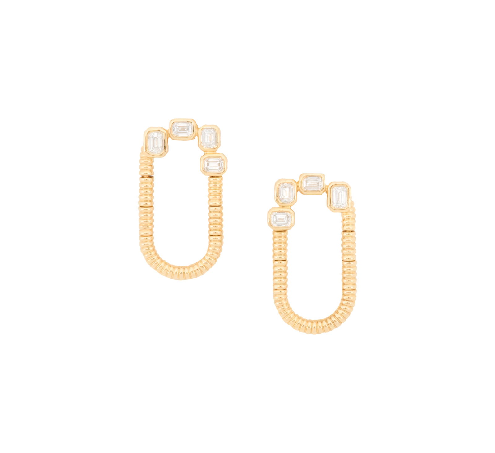 Pair of Diamond Earrings: Pair of Diamond Earrings 14k yellow gold, the earrings mounted with emerald-cut diamonds weighing approximately 0.70 carats in total. l. 7/8", total weight 3.7 grams