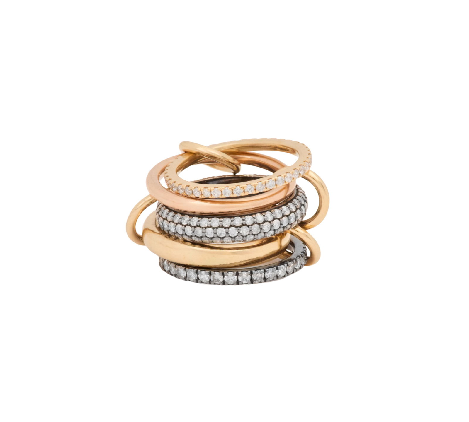 Stacking Diamond Bands: Stacking Diamond Bands 18k yellow/rose gold/sterling silver, the ring composed of five bands connected by gold rings, two polished and three mounted with round brilliant-cut diamonds weighing