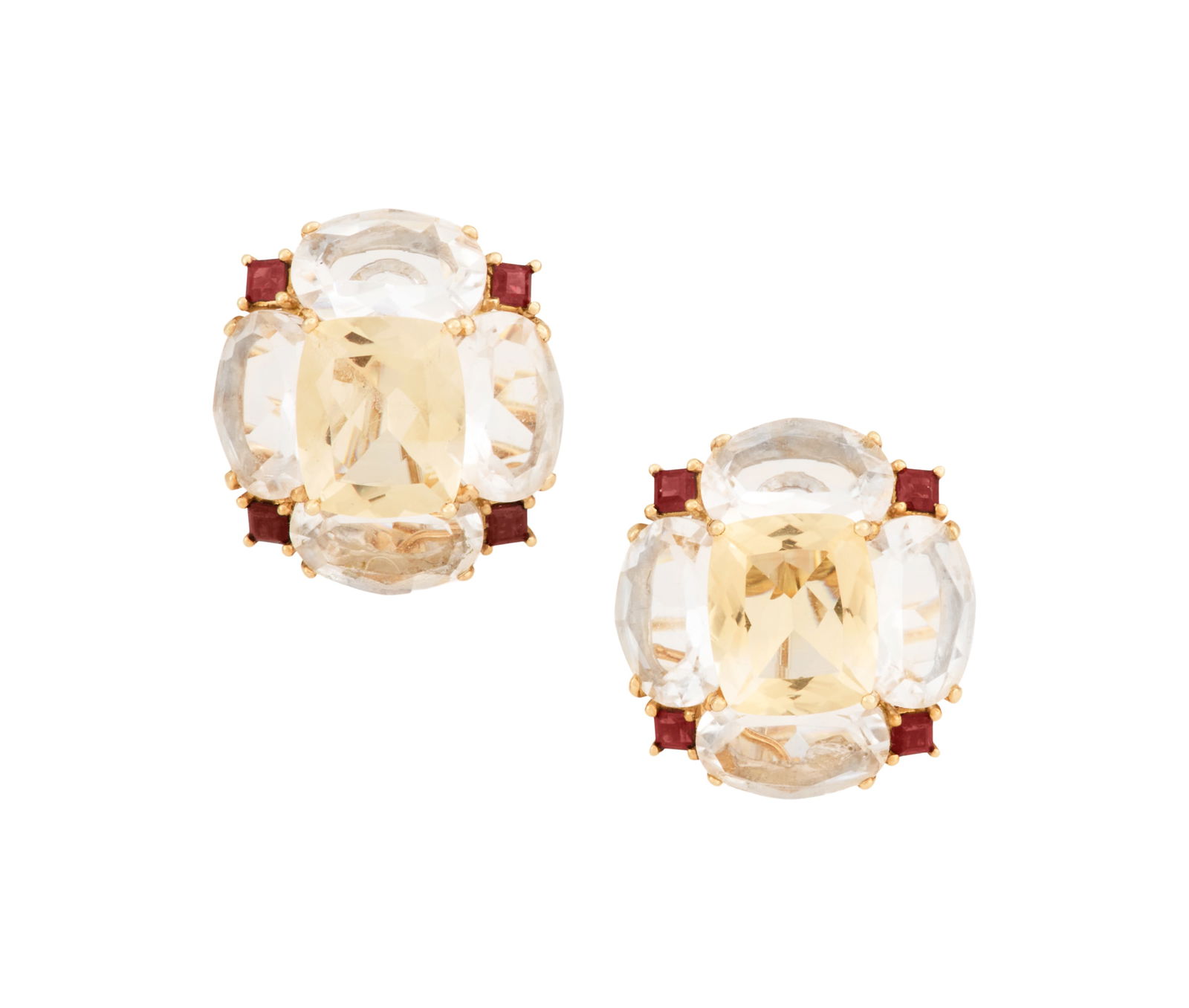 Pair of Citrine and Garnet Ear Clips: Pair of Citrine and Garnet Ear Clips18k yellow gold, the ear clips mounted with oval-cut and cushion-cut citrines weighing approximately 32.00 carats in total, accented by square-cut garnets weighing