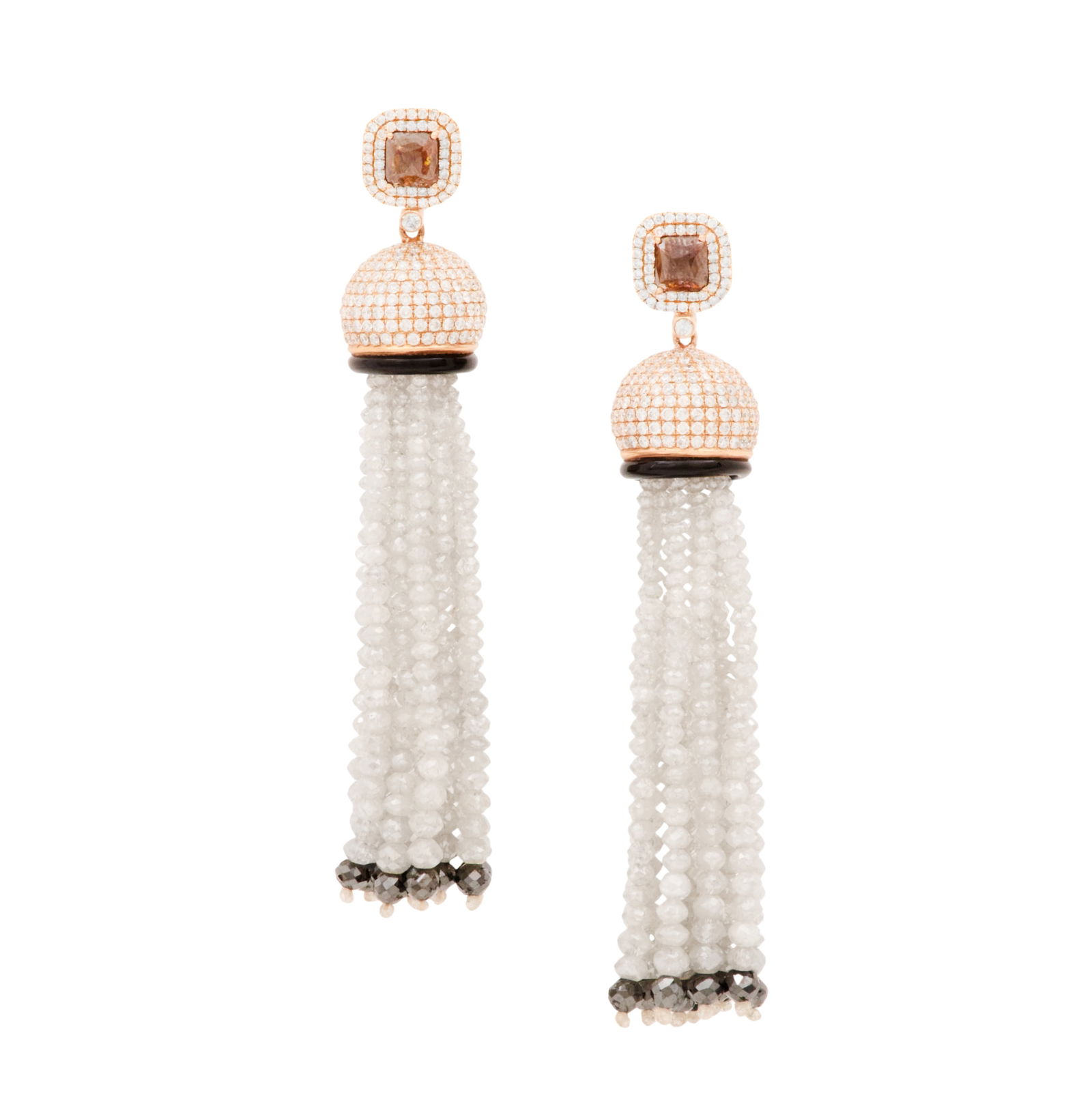 Beautiful Diamond Tassel Earrings: Beautiful Diamond Tassel Earrings 18k rose gold, the tassels composed of white rondel-cut diamonds with briolette-cut black diamonds on each end, suspended from tops mounted with rose-cut brown