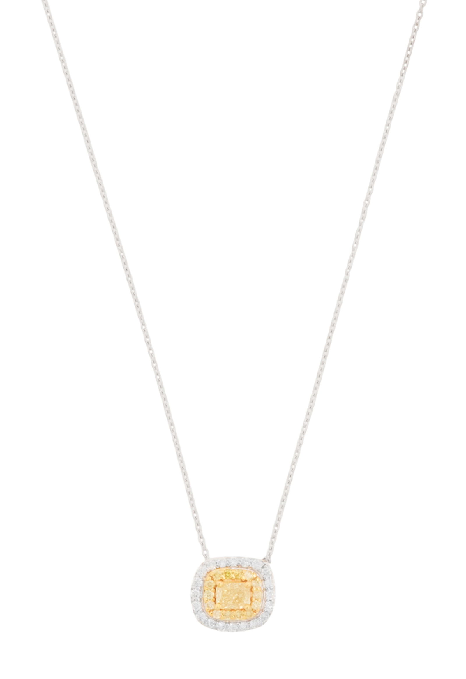 Yellow and White Diamond Pendant Necklace: Yellow and White Diamond Pendant Necklace 14k white gold, the fixed pendant mounted with a cushion-cut yellow diamond surrounded by a border of round-cut yellow diamonds and round brilliant-cut white