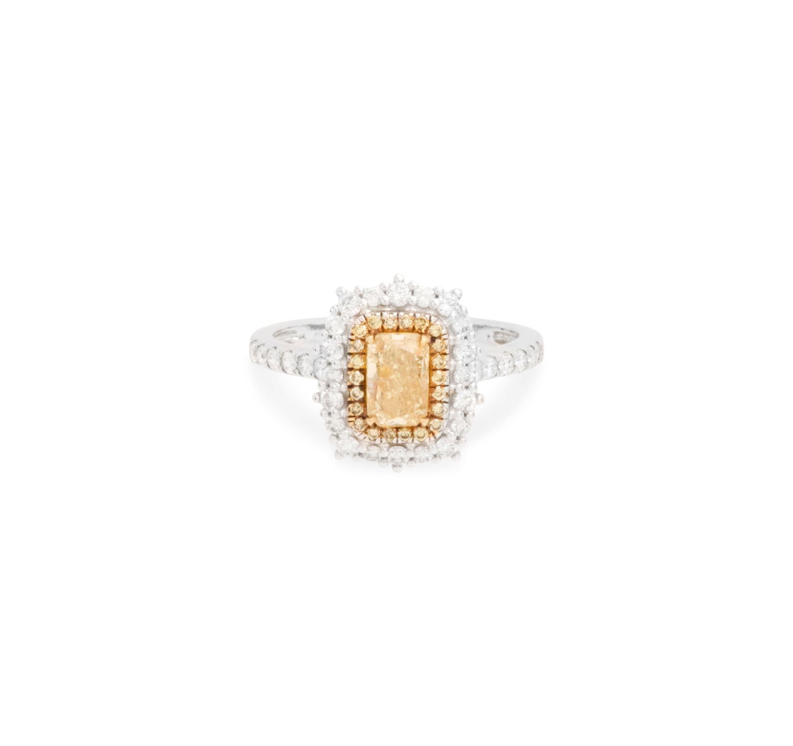 Yellow and White Diamond Ring: Yellow and White Diamond Ring 18k white gold, the ring mounted with a central cushion-cut yellow diamond surrounded by a border of round-cut yellow diamonds and further accented by round
