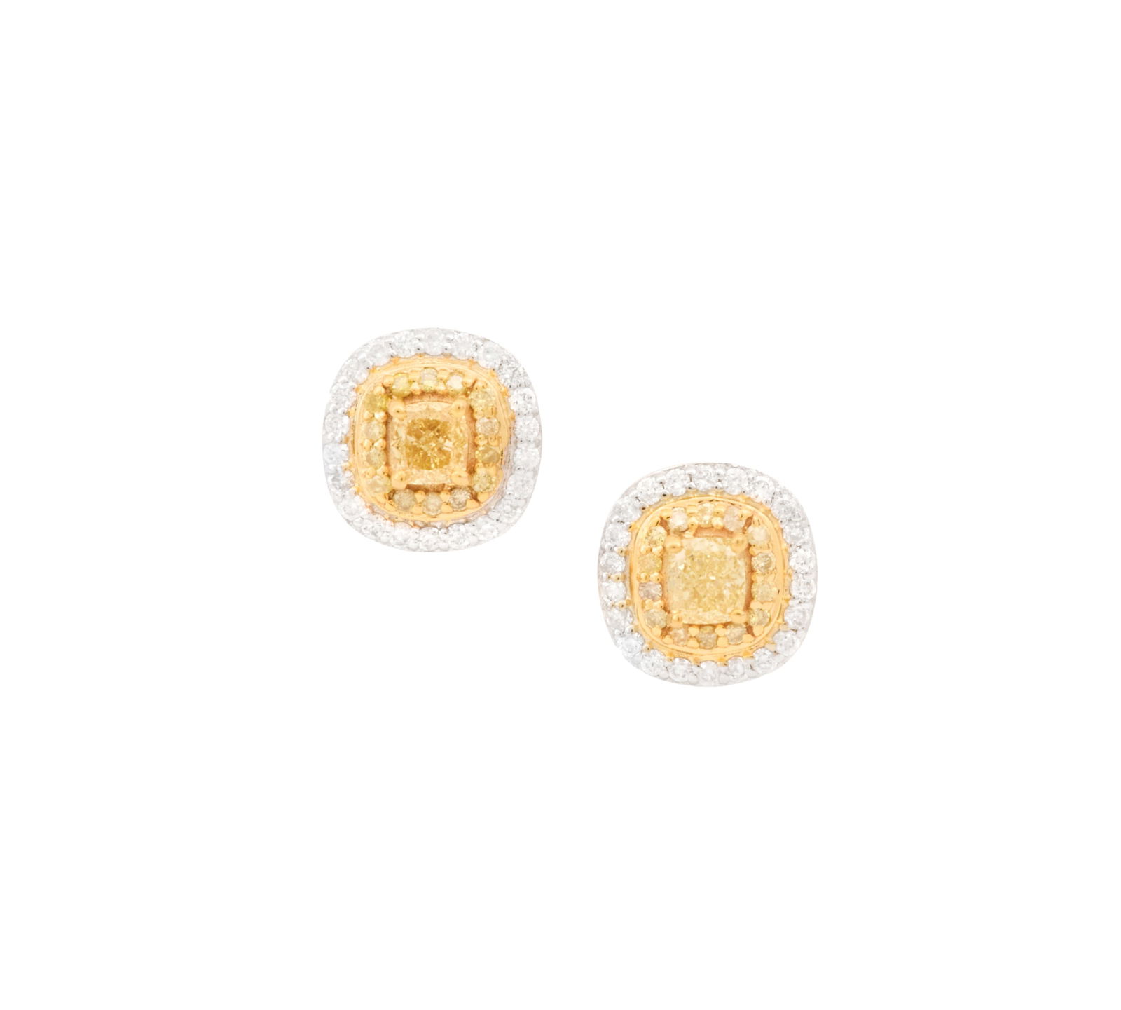 Pair of Yellow and White Diamond Earrings: Pair of Yellow and White Diamond Earrings 14k white gold, the earrings mounted with cushion-cut yellow diamonds, surrounded by a border of round brilliant-cut yellow and white diamonds, with an
