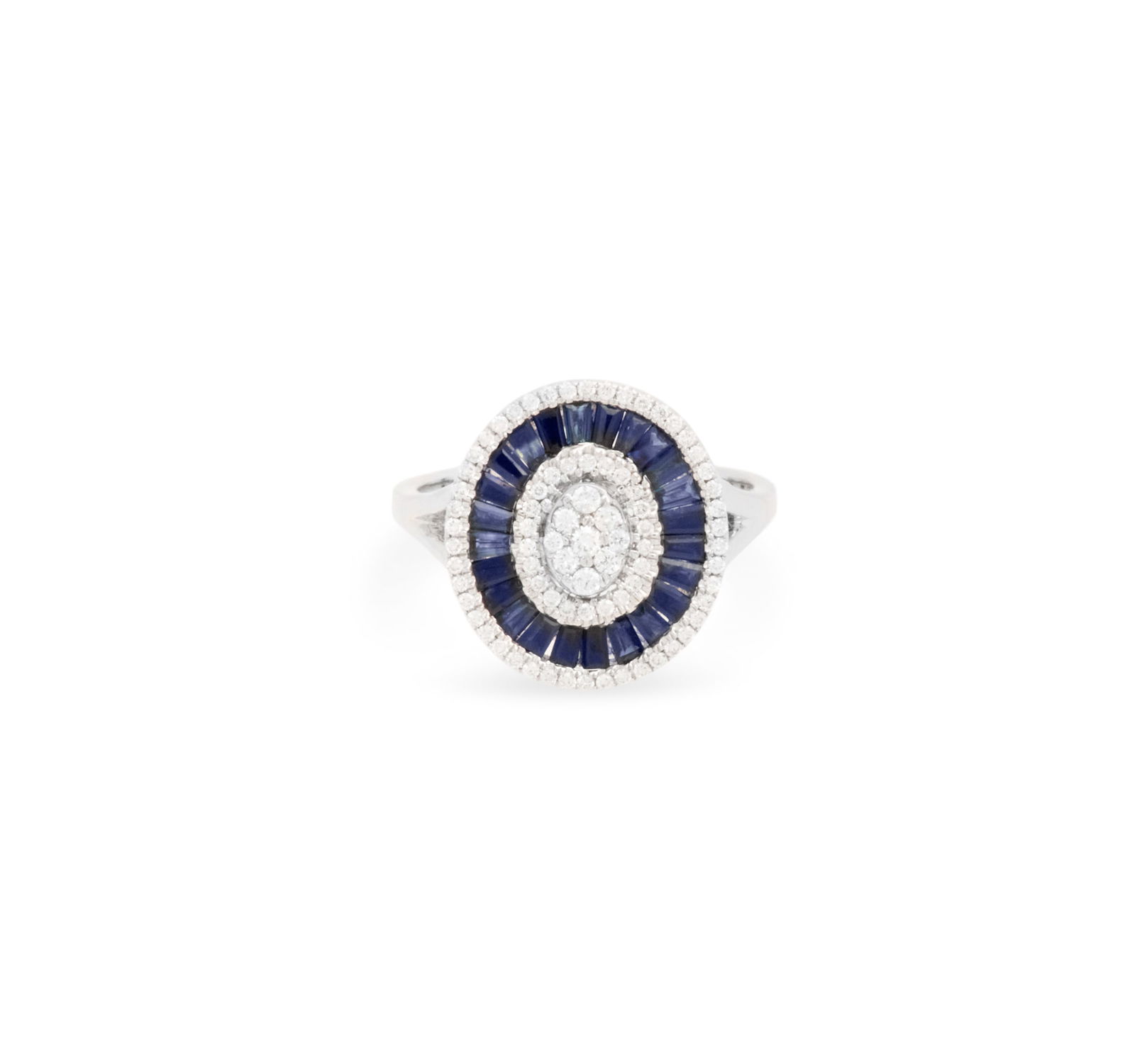Sapphire and Diamond Ring: Sapphire and Diamond Ring 18k white gold, the ring mounted with baguette-cut sapphires weighing approximately 0.93 carats in total, accented by round brilliant-cut diamonds weighing approximately