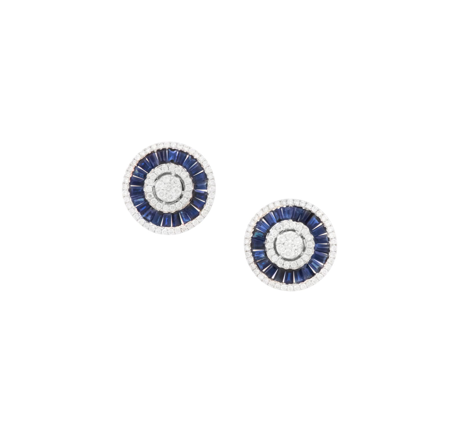 Pair of Sapphire and Diamond Earrings: Pair of Sapphire and Diamond Earrings 18k white gold, the earrings mounted with baguette-cut sapphires weighing approximately 1.58 carats in total, accented by round brilliant-cut diamonds weighing