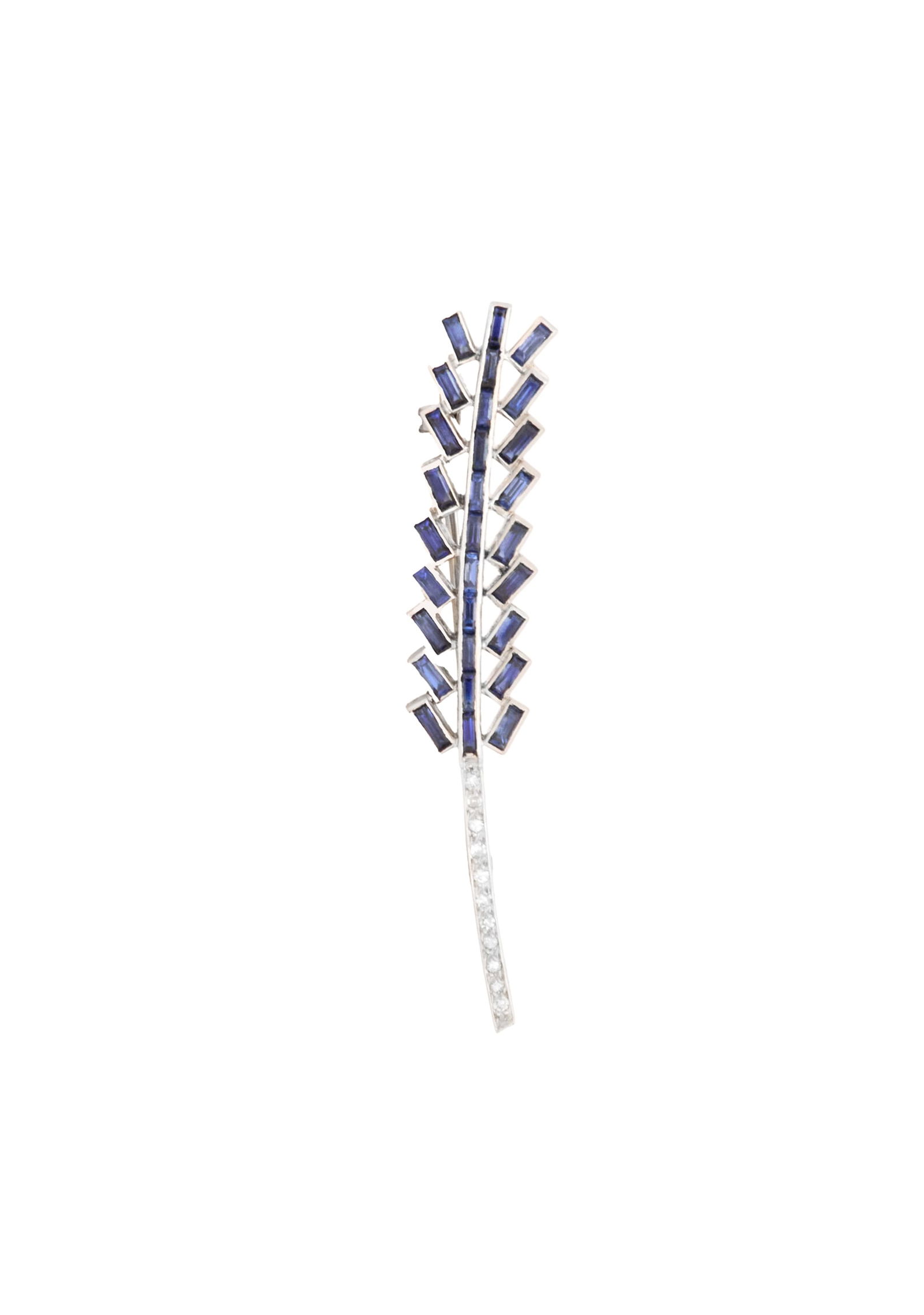 Sapphire and Diamond Leaf Brooch: Sapphire and Diamond Leaf Brooch platinum, the brooch mounted with baguette-cut sapphires weighing approximately 0.87 carats in total accented by single-cut diamonds weighing approximately 0.11
