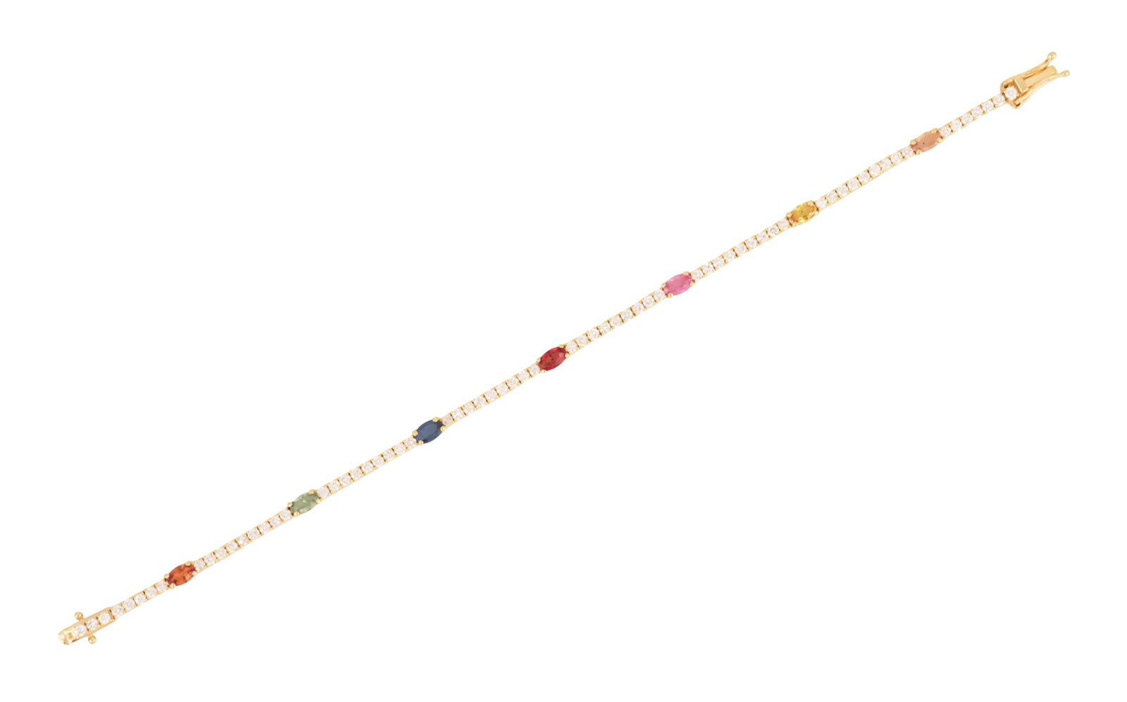 Multi-Colored Sapphire and Diamond Bracelet: Multi-Colored Sapphire and Diamond Bracelet14k yellow gold, the bracelet mounted with multi-colored oval-cut sapphires weighing approximately 2.00 carats in total, accented by round brilliant-cut diam
