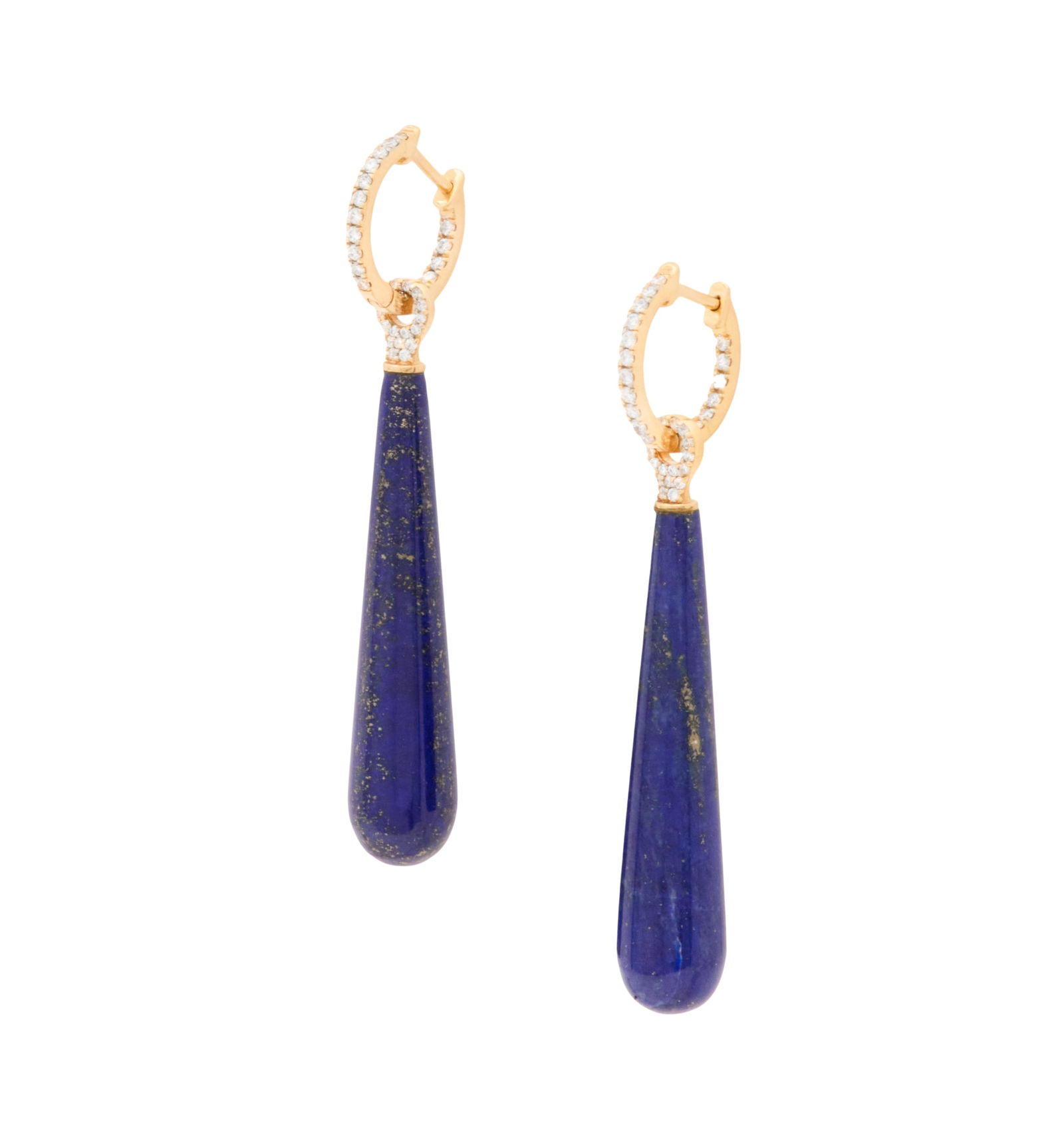 Pair of Lapis Lazuli and Diamond Earrings: Pair of Lapis Lazuli and Diamond Earrings 18k yellow gold, the earrings mounted with long teardrop-shaped lapis lazuli, suspended from small hoop earrings mounted with round brilliant-cut diamonds