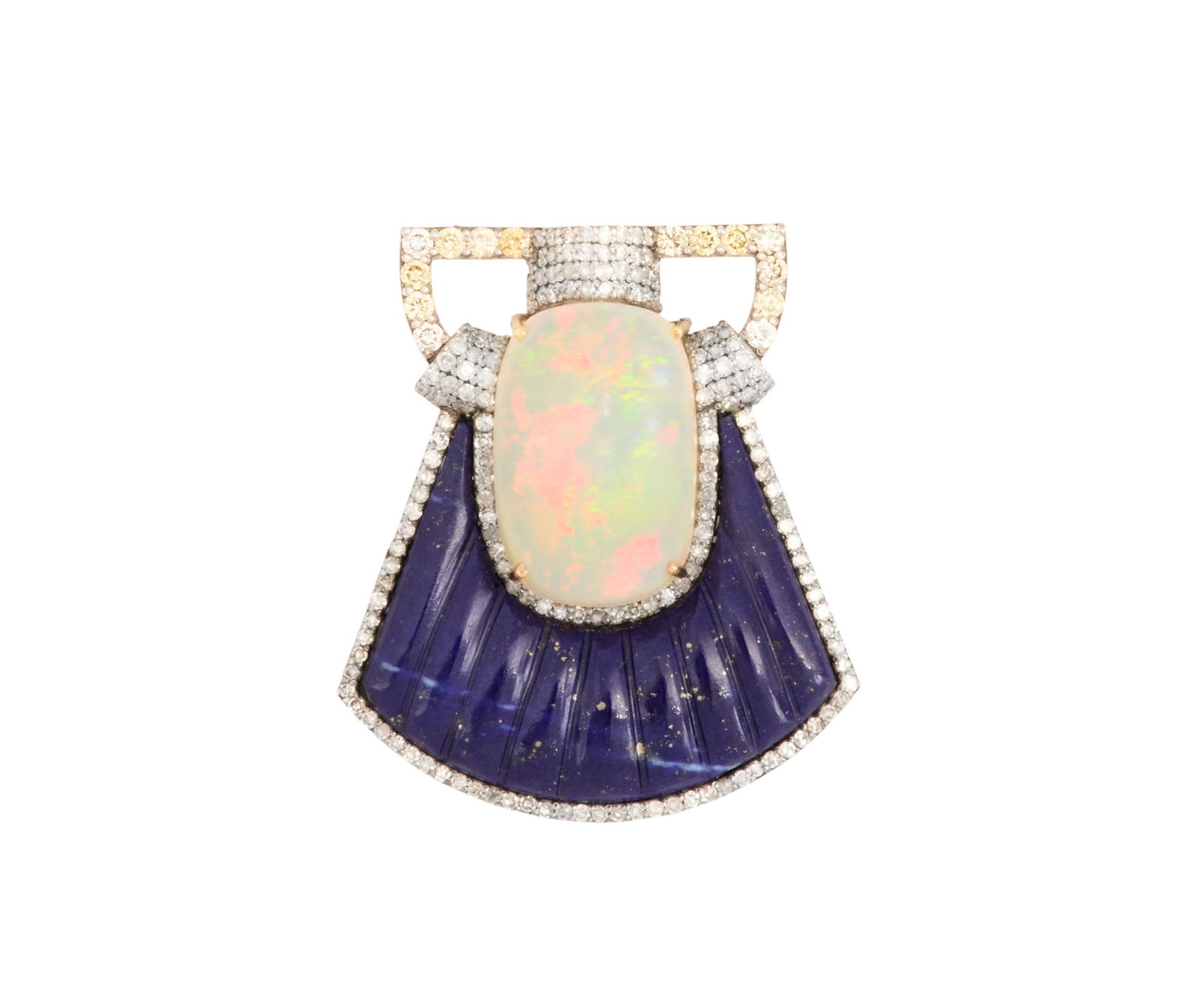 Opal, Lapis Lazuli and Diamond Brooch: Opal, Lapis Lazuli and Diamond Brooch14k yellow gold/sterling silver, the brooch mounted with an opal cabochon weighing approximately 16.16 carats, accented by round brilliant-cut diamonds weighing ap