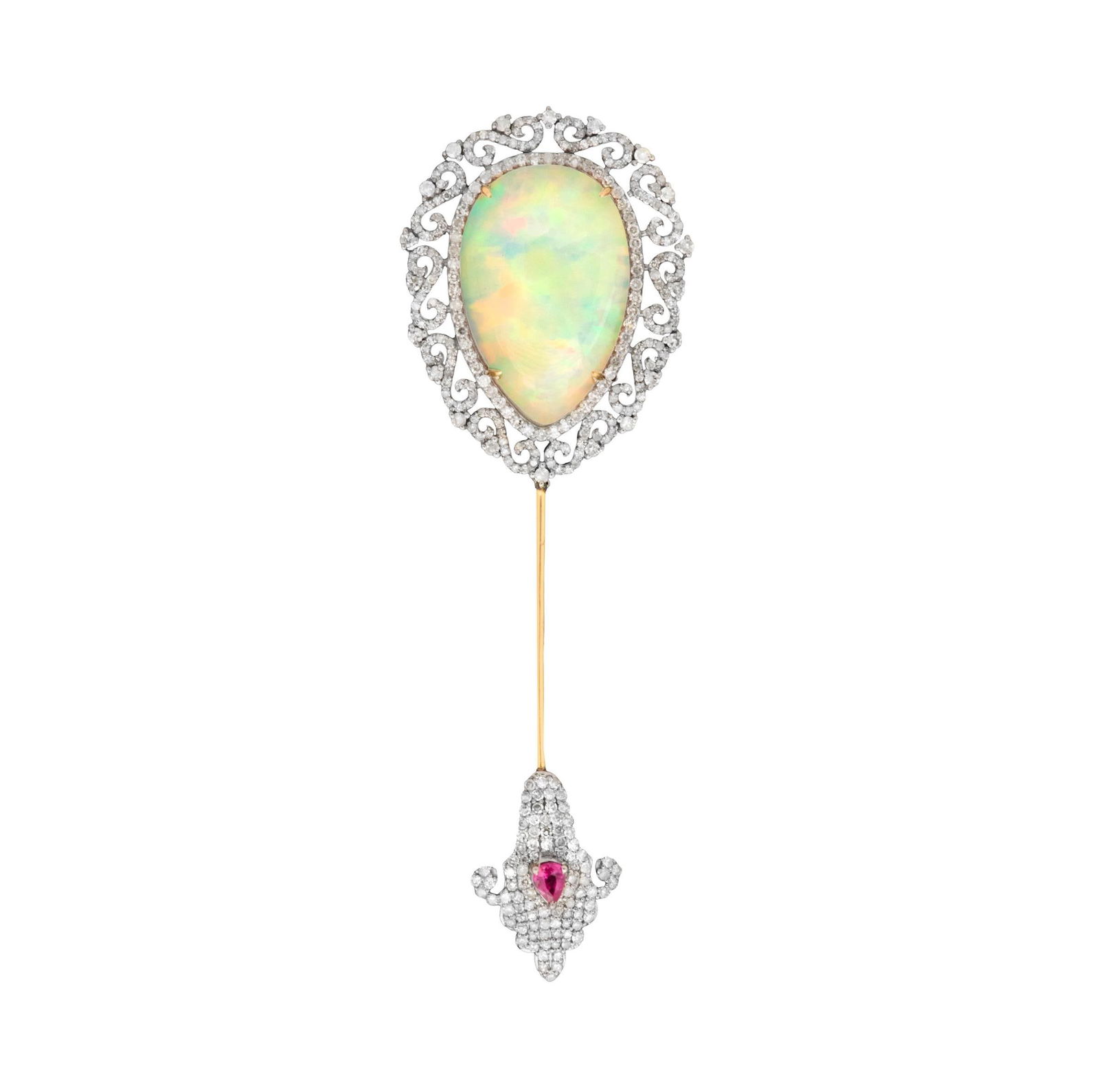 Opal, Diamond and Ruby Stick Pin: Opal, Diamond and Ruby Stick Pin 14k yellow gold/sterling silver, the pin mounted with a pear-shaped opal cabochon weighing approximately 20.70 carats, accented by round brilliant-cut diamonds
