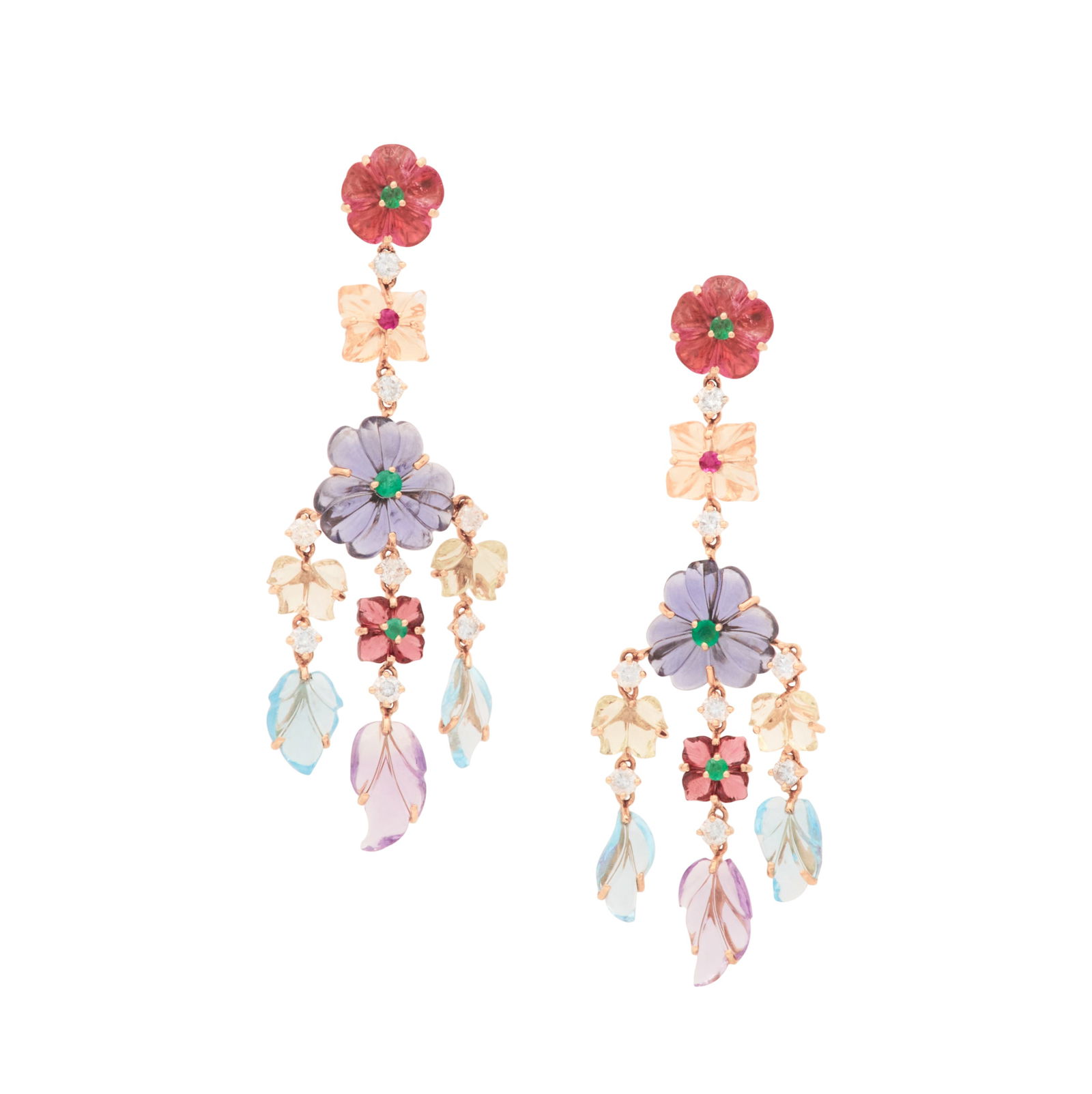 Pair of Gem-Set Dangle Earrings: Pair of Gem-Set Dangle Earrings 18k yellow gold, the earrings composed of carved flowers and leaves in various gemstones, including amethyst, citrine, topaz and tourmaline, accented by round-cut
