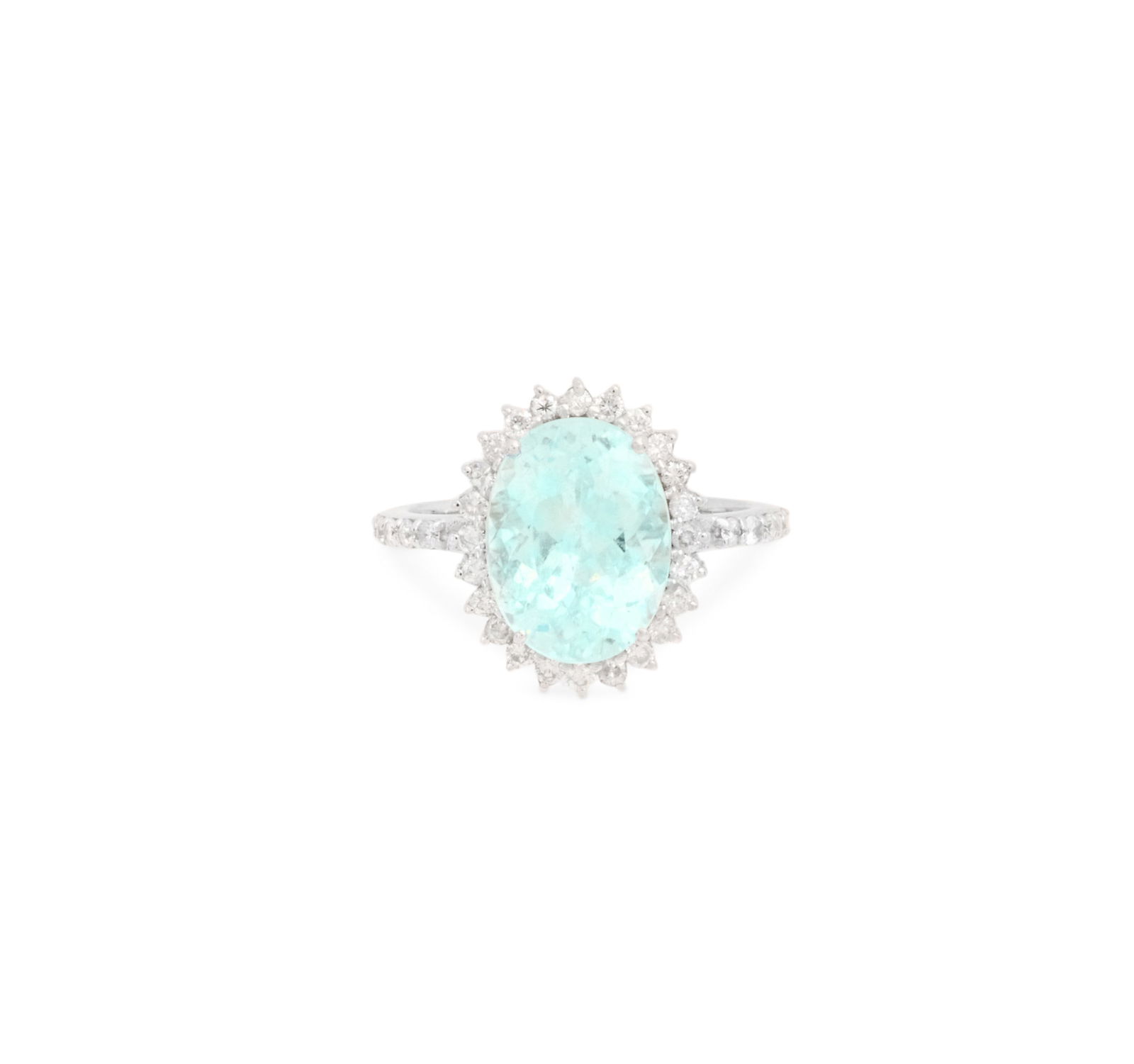 Paraiba Tourmaline and Diamond Ring: Paraiba Tourmaline and Diamond Ring 14k white gold, the ring mounted with an oval-cut Paraiba tourmaline weighing approximately 4.47 carats, accented by round brilliant-cut diamonds weighing