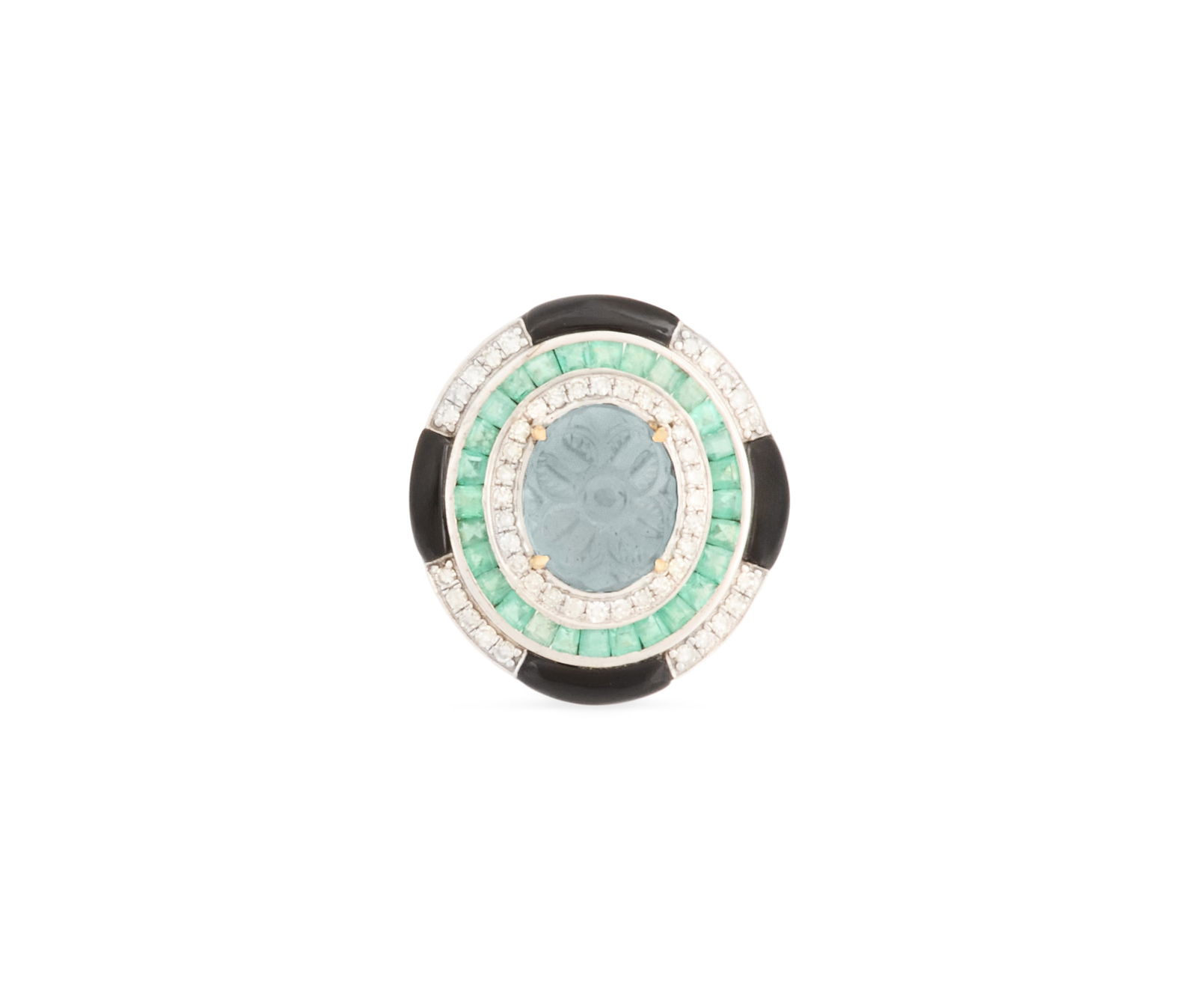 Aquamarine, Diamond, Emerald and Onyx Ring: Aquamarine, Diamond, Emerald and Onyx Ring 14k yellow gold/sterling silver, the ring mounted with a central carved aquamarine weighing approximately 5.20 carats, accented by round brilliant-cut