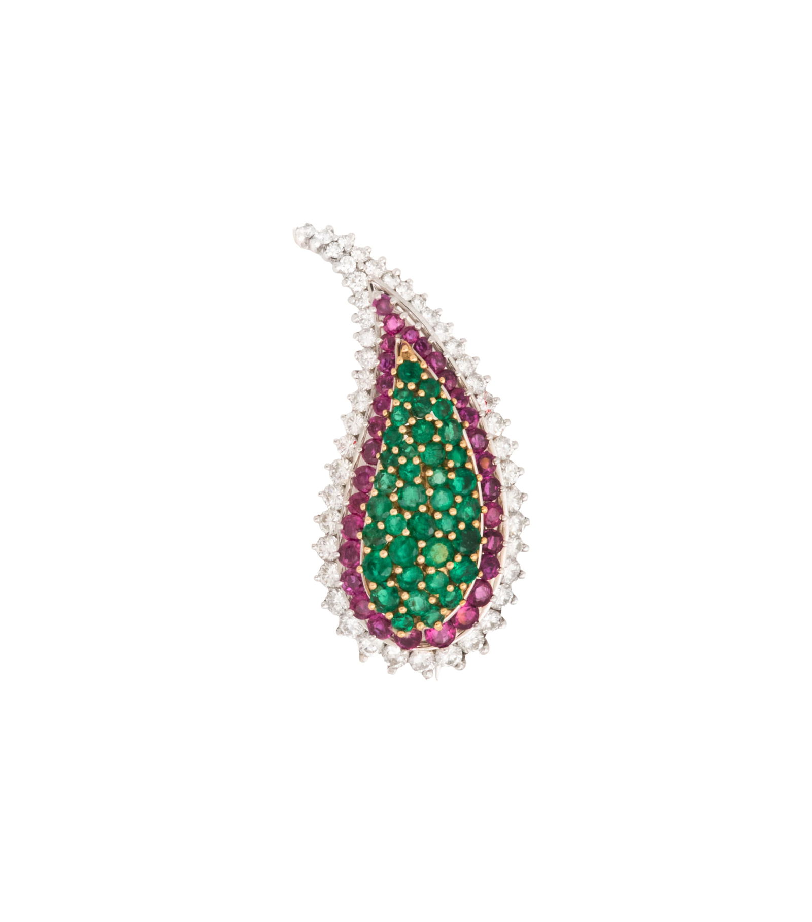 Emerald, Ruby and Diamond Paisley Brooch: Emerald, Ruby and Diamond Paisley Brooch platinum, the brooch mounted with round-cut emeralds weighing approximately 1.48 carats in total, round-cut rubies weighing approximately 1.39 carats in total