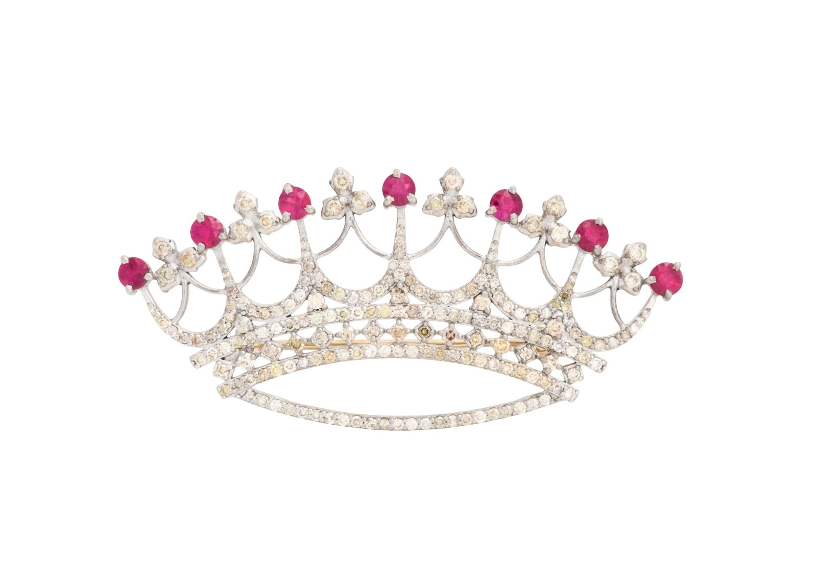 Diamond and Ruby Crown Brooch: Diamond and Ruby Crown Brooch 14k yellow gold/sterling silver, the brooch mounted with round brilliant-cut diamonds weighing approximately 1.92 carats in total, accented by round-cut rubies weighing